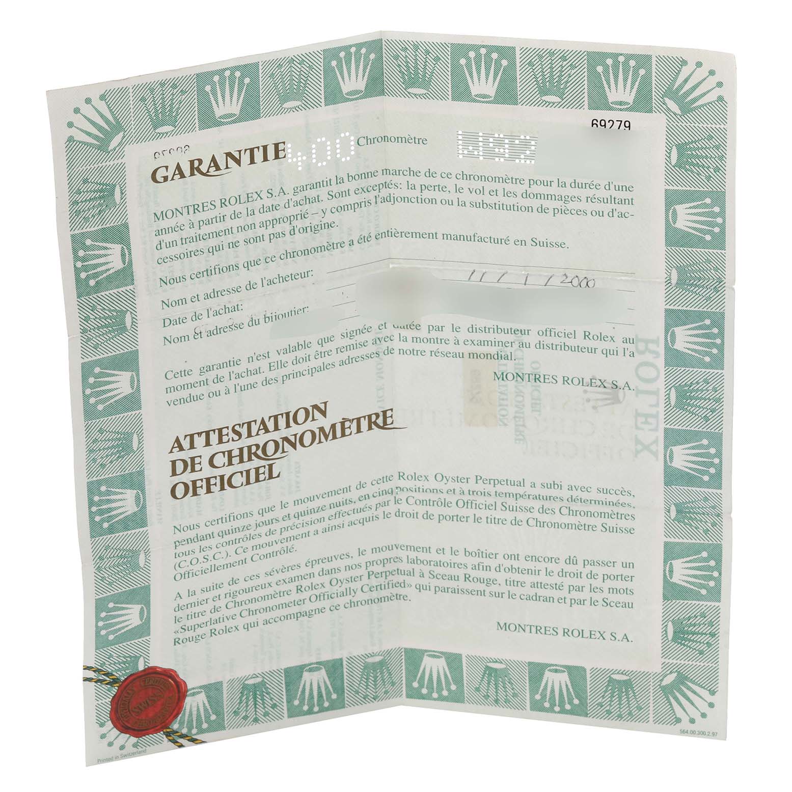 The image shows a folded Rolex warranty certificate for the President model.