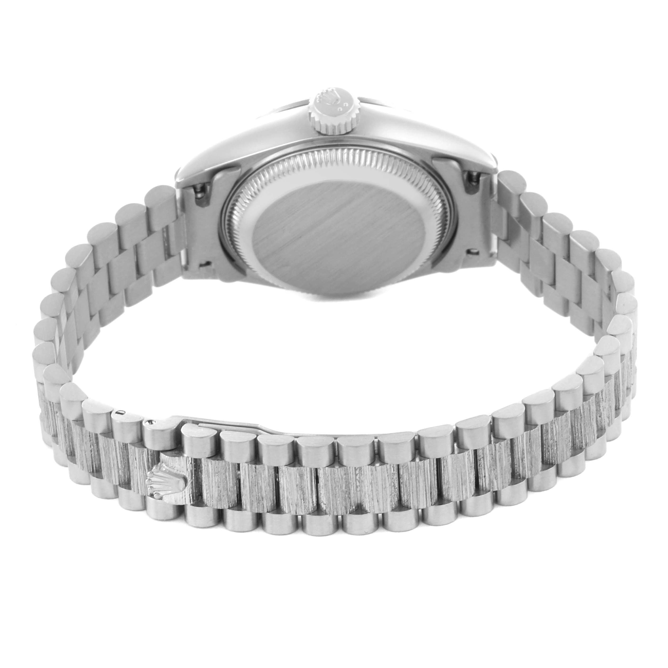 The image shows the back and clasp of a Rolex President 69278 Women's White Gold Pink Dial 69278 Women's White Gold Pink Dial model, featuring the bracelet and watch case rear view.