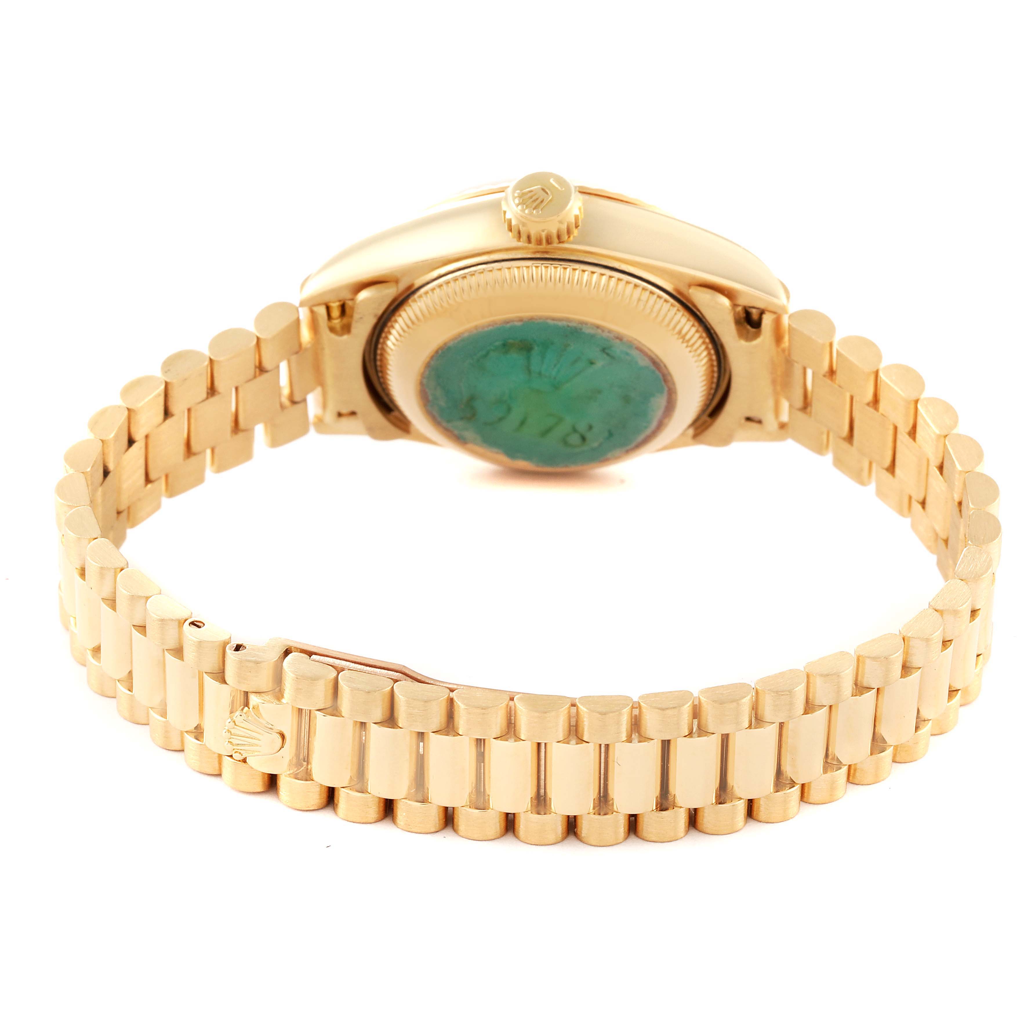 The image shows the backside and bracelet of a Rolex President 69178 Women
s Yellow Gold Champagne Dial 69178 Women
s Yellow Gold Champagne Dial model watch from a rear angle.