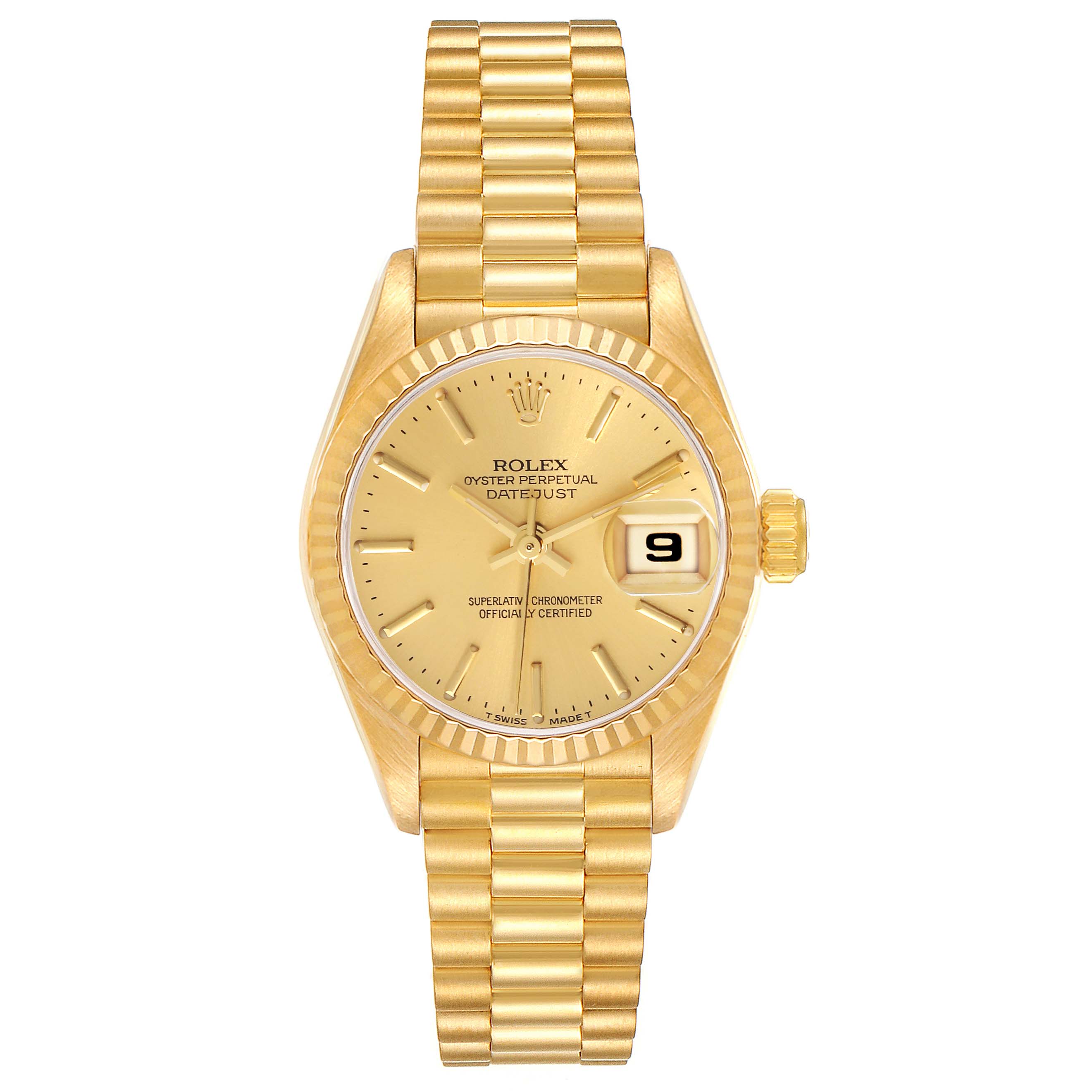 The image shows a front view of the Rolex President 69178 Women
s Yellow Gold Champagne Dial 69178 Women
s Yellow Gold Champagne Dial model watch displaying its gold bracelet, dial, and date window.