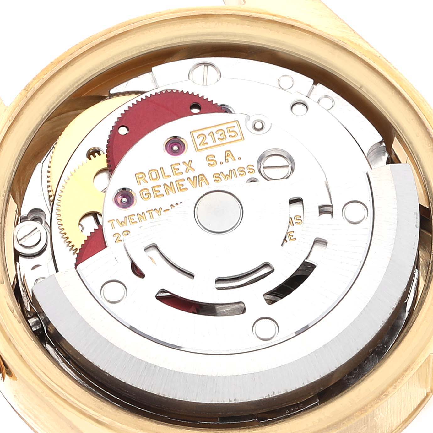 This image shows the internal mechanism of a Rolex President 69178 Women
s Yellow Gold Champagne Dial 69178 Women
s Yellow Gold Champagne Dial model watch from a close-up angle.