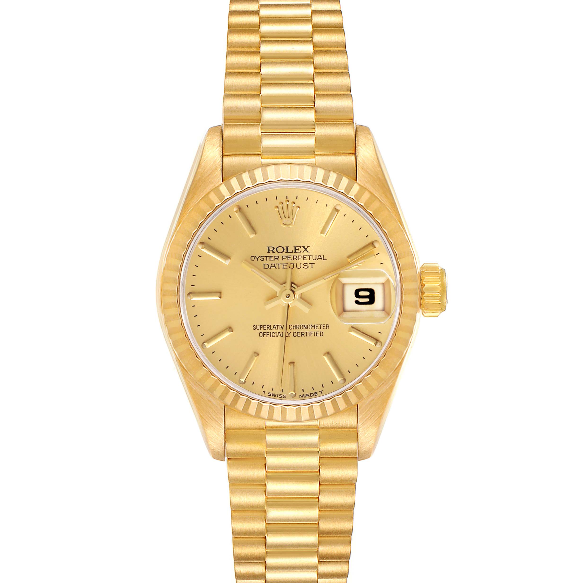 The image shows a Rolex President 69178 Women
s Yellow Gold Champagne Dial 69178 Women
s Yellow Gold Champagne Dial model watch from a front angle, displaying the dial, bracelet, crown, and date window.