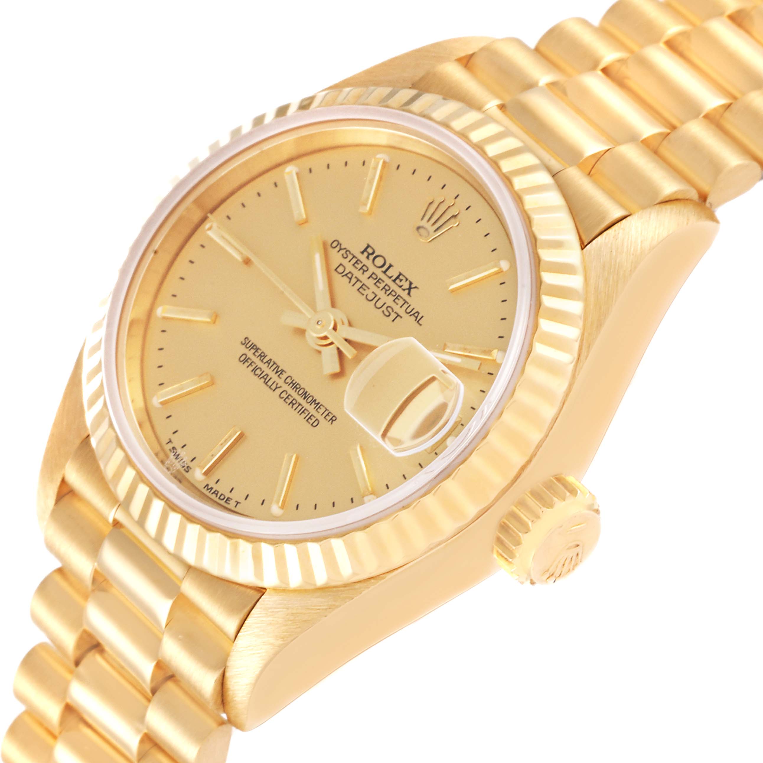This image shows a close-up side view of a Rolex President 69178 Women
s Yellow Gold Champagne Dial 69178 Women
s Yellow Gold Champagne Dial model watch, including its dial, bezel, crown, and part of the bracelet.