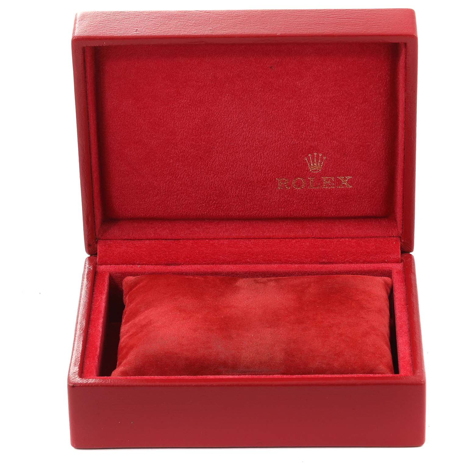 The image shows an empty red Rolex President 69178 Women
s Yellow Gold Champagne Dial 69178 Women
s Yellow Gold Champagne Dial watch box with the brand name and crown logo inside the lid.