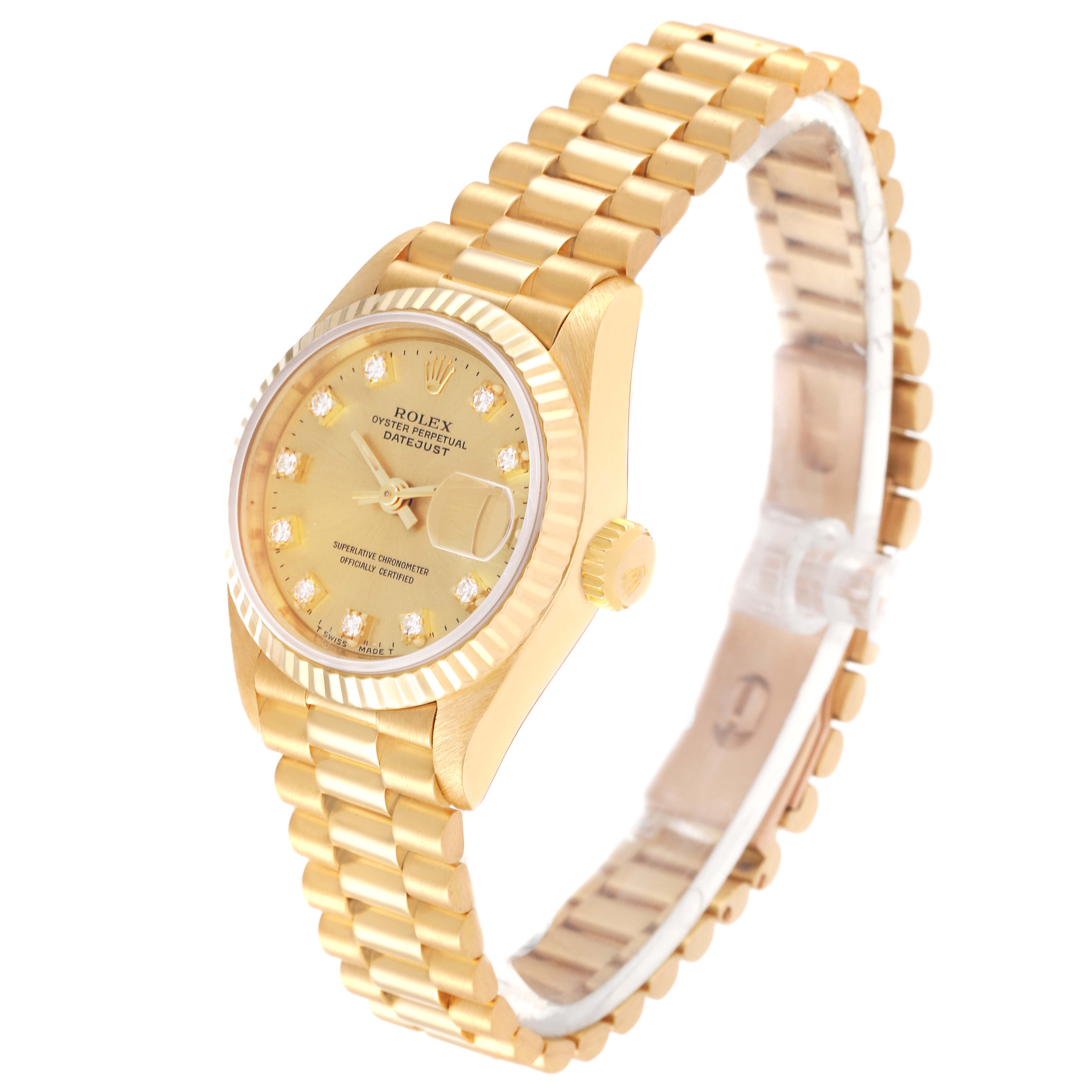 The image shows a Rolex President 69178 Women
s Yellow Gold Champagne Dial 69178 Women
s Yellow Gold Champagne Dial model watch from a three-quarter angle, highlighting the dial, bezel, crown, and bracelet.