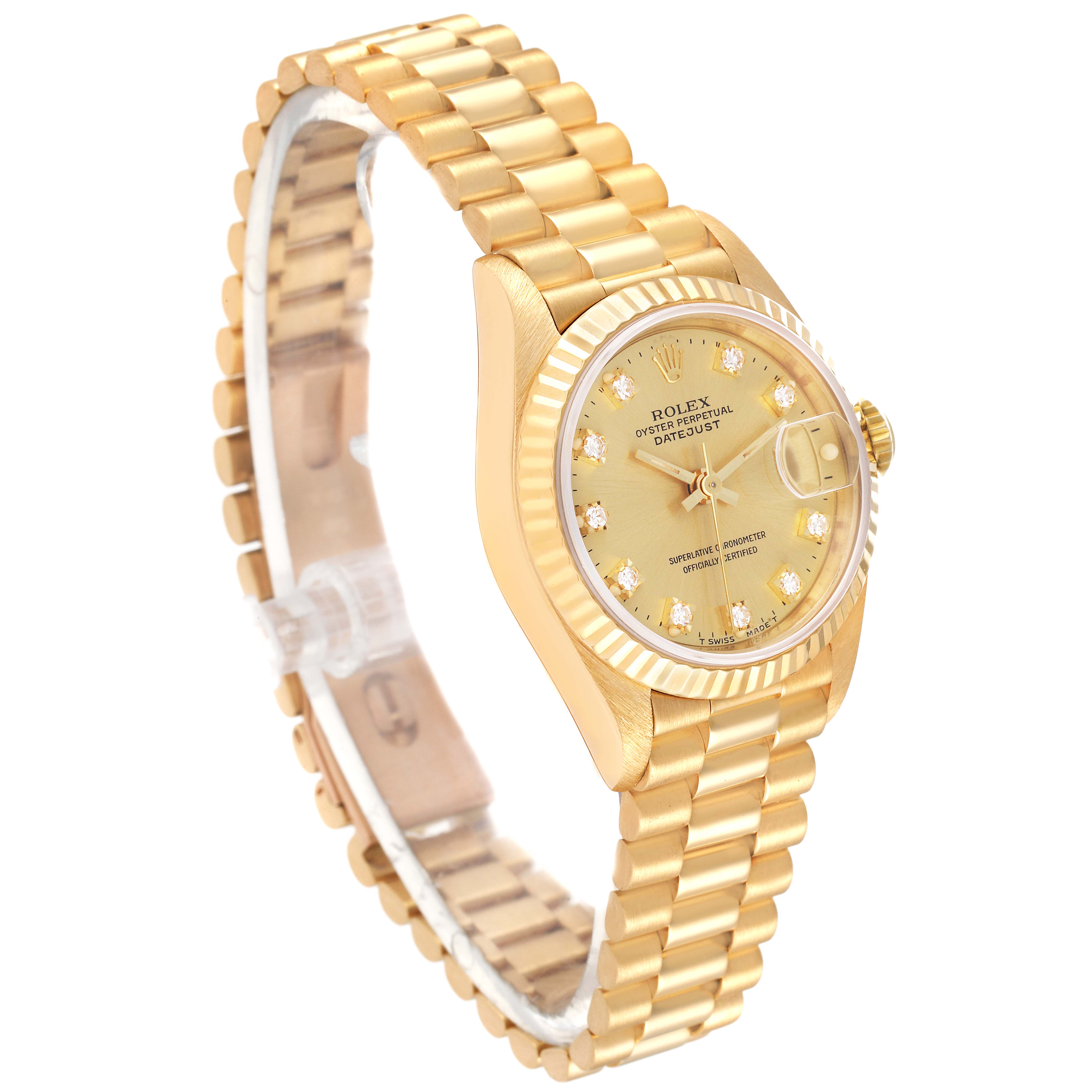 The Rolex President 69178 Women
s Yellow Gold Champagne Dial 69178 Women
s Yellow Gold Champagne Dial watch is shown at a slight angle, displaying its gold bracelet, bezel, crown, and diamond-studded dial.