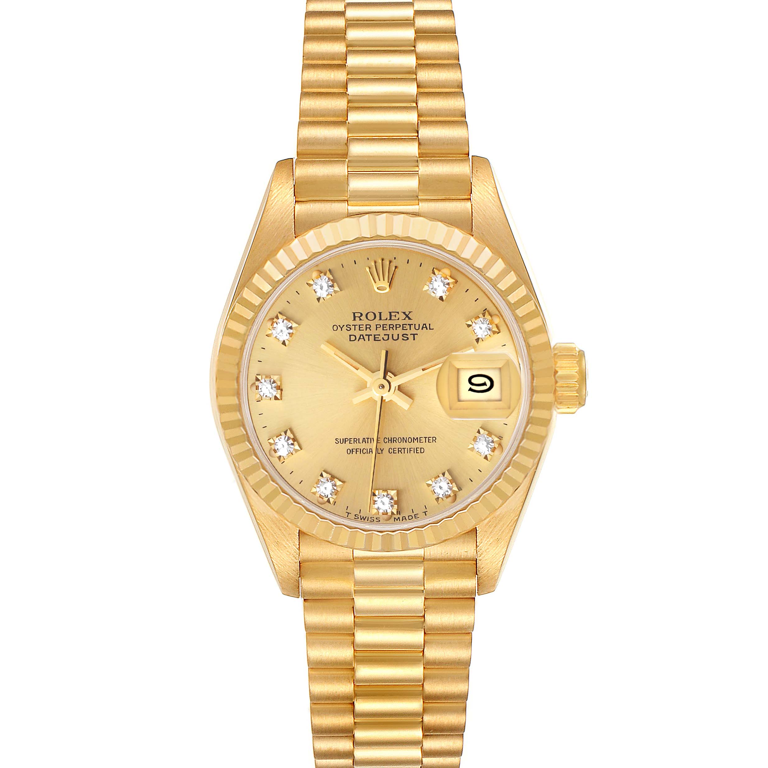 The image shows the front view of a Rolex President 69178 Women
s Yellow Gold Champagne Dial 69178 Women
s Yellow Gold Champagne Dial model watch, featuring a gold dial, bracelet, and date display.