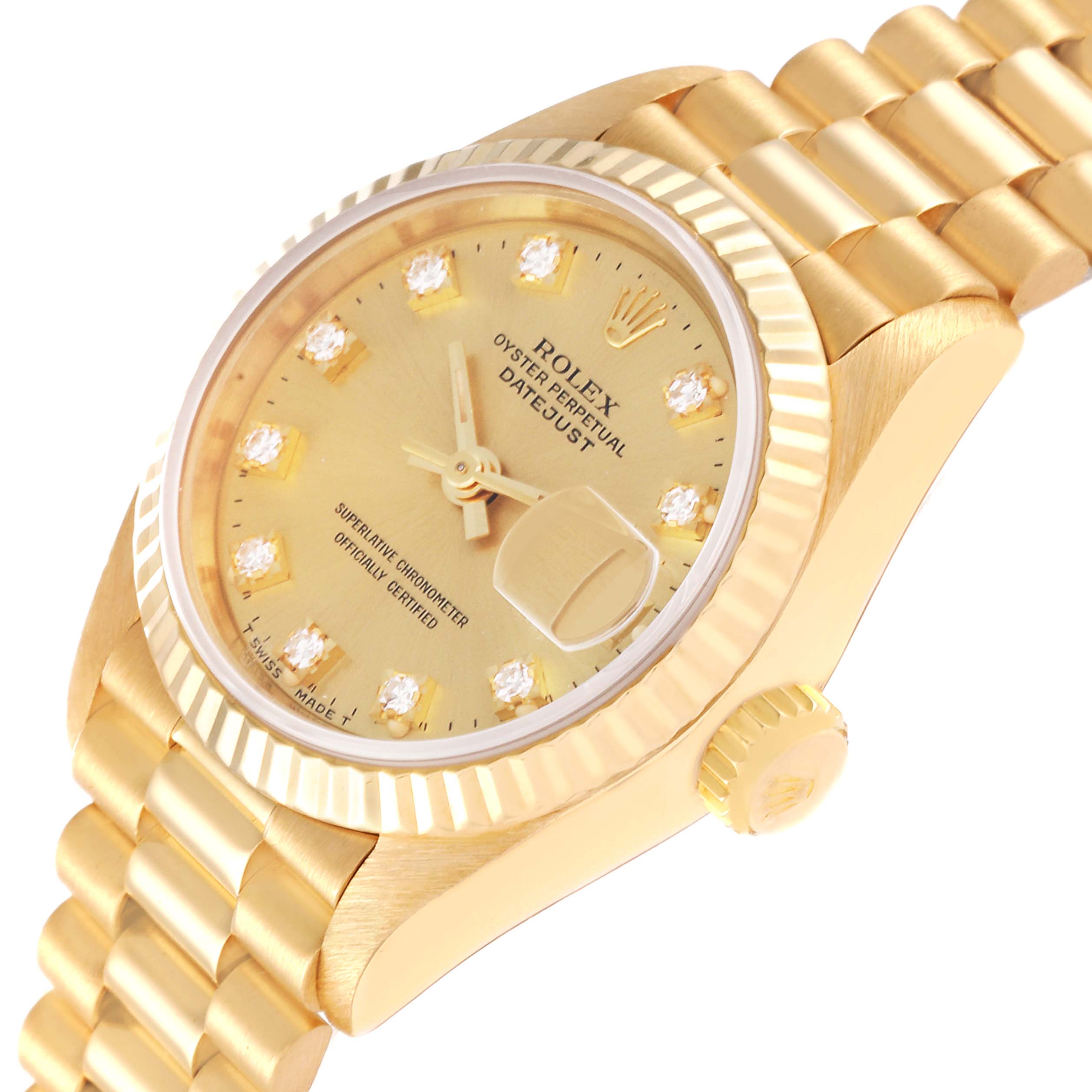 The image shows a close-up side angle of a Rolex President 69178 Women
s Yellow Gold Champagne Dial 69178 Women
s Yellow Gold Champagne Dial model watch, highlighting the face, bezel, crown, and part of the band.
