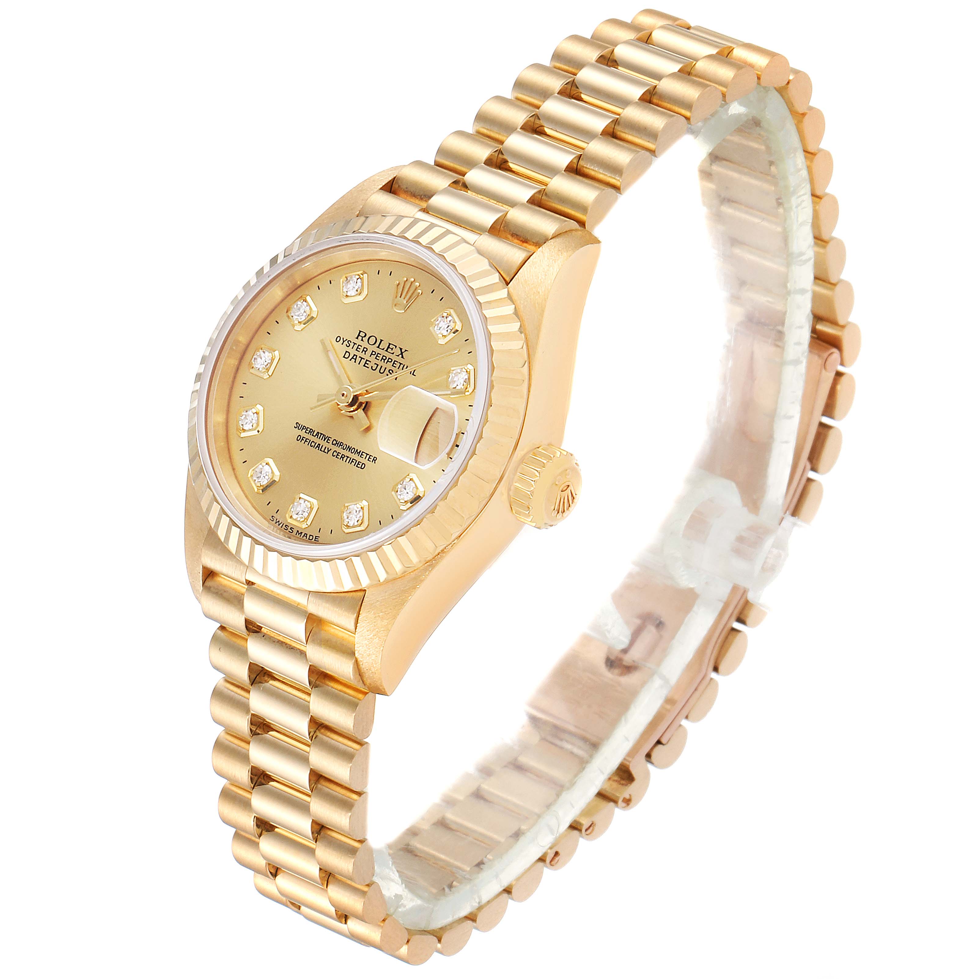 The image shows a side and top view of a gold Rolex President 79178 Women
s Yellow Gold Champagne Dial 79178 Women
s Yellow Gold Champagne Dial model watch, highlighting its bracelet, crown, and diamond-accented dial.