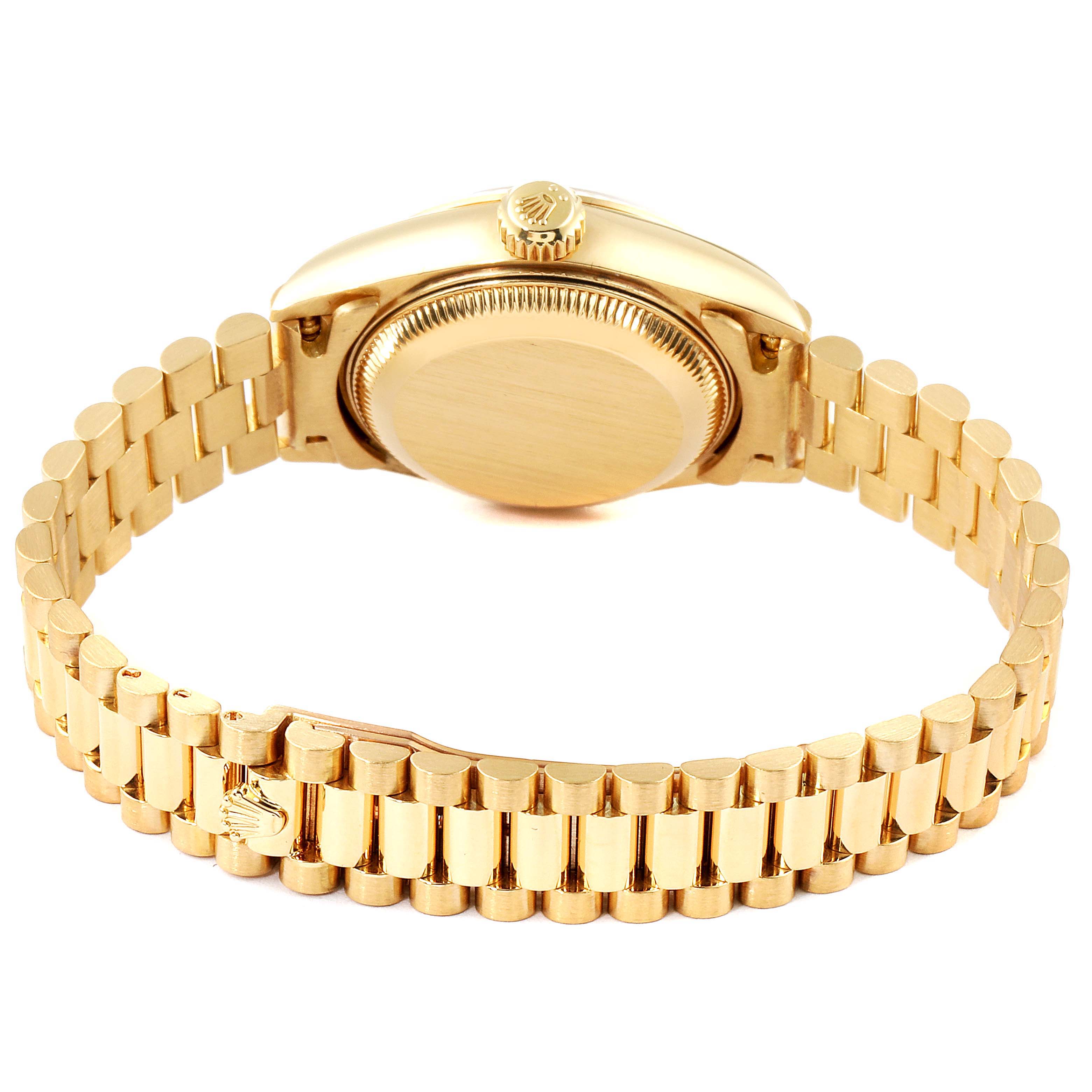 This image shows the back and band of a Rolex President 79178 Women
s Yellow Gold Champagne Dial 79178 Women
s Yellow Gold Champagne Dial watch, highlighting the gold bracelet and crown.