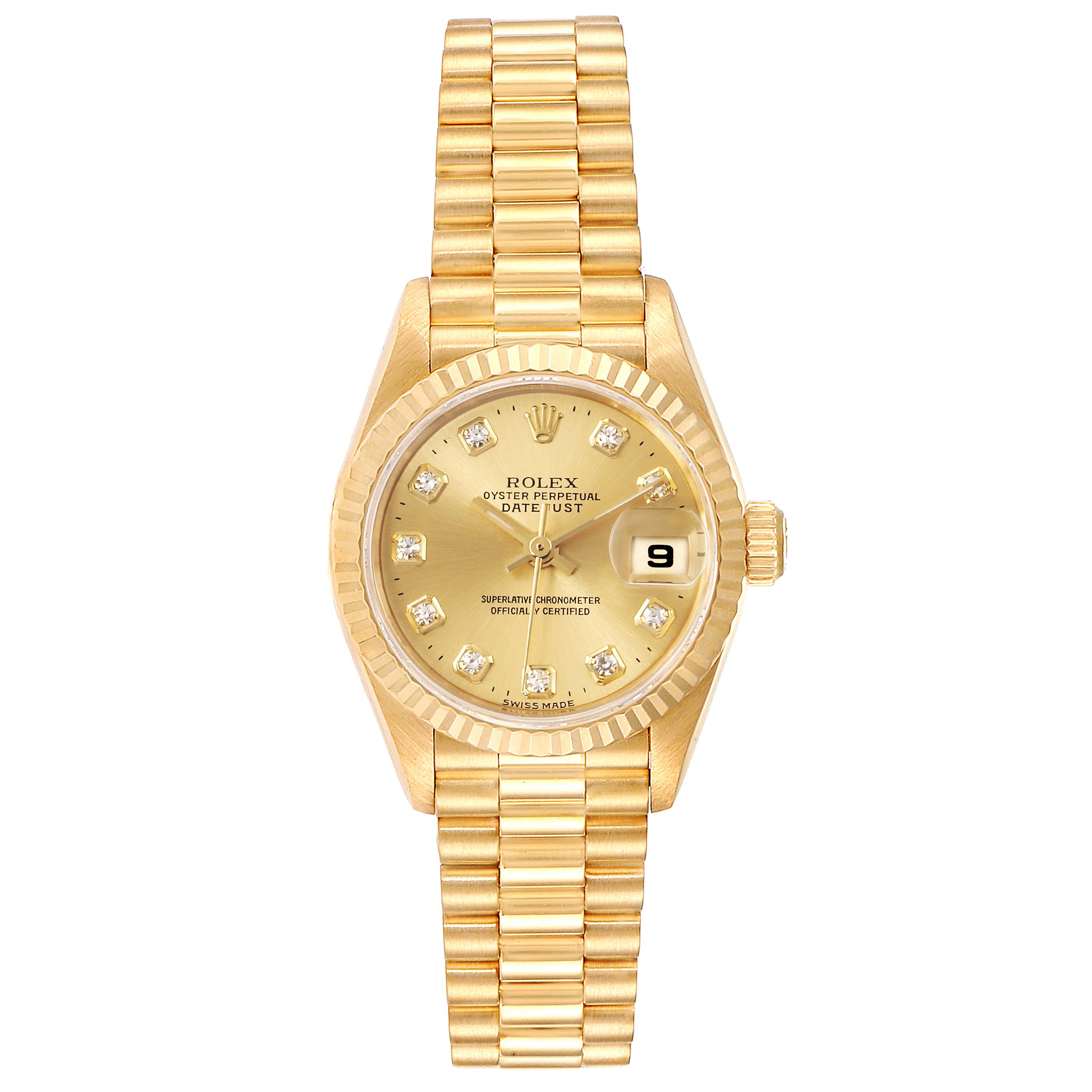 The image shows a frontal view of a Rolex President 79178 Women
s Yellow Gold Champagne Dial 79178 Women
s Yellow Gold Champagne Dial model watch, displaying the face, bezel, dial, and bracelet.