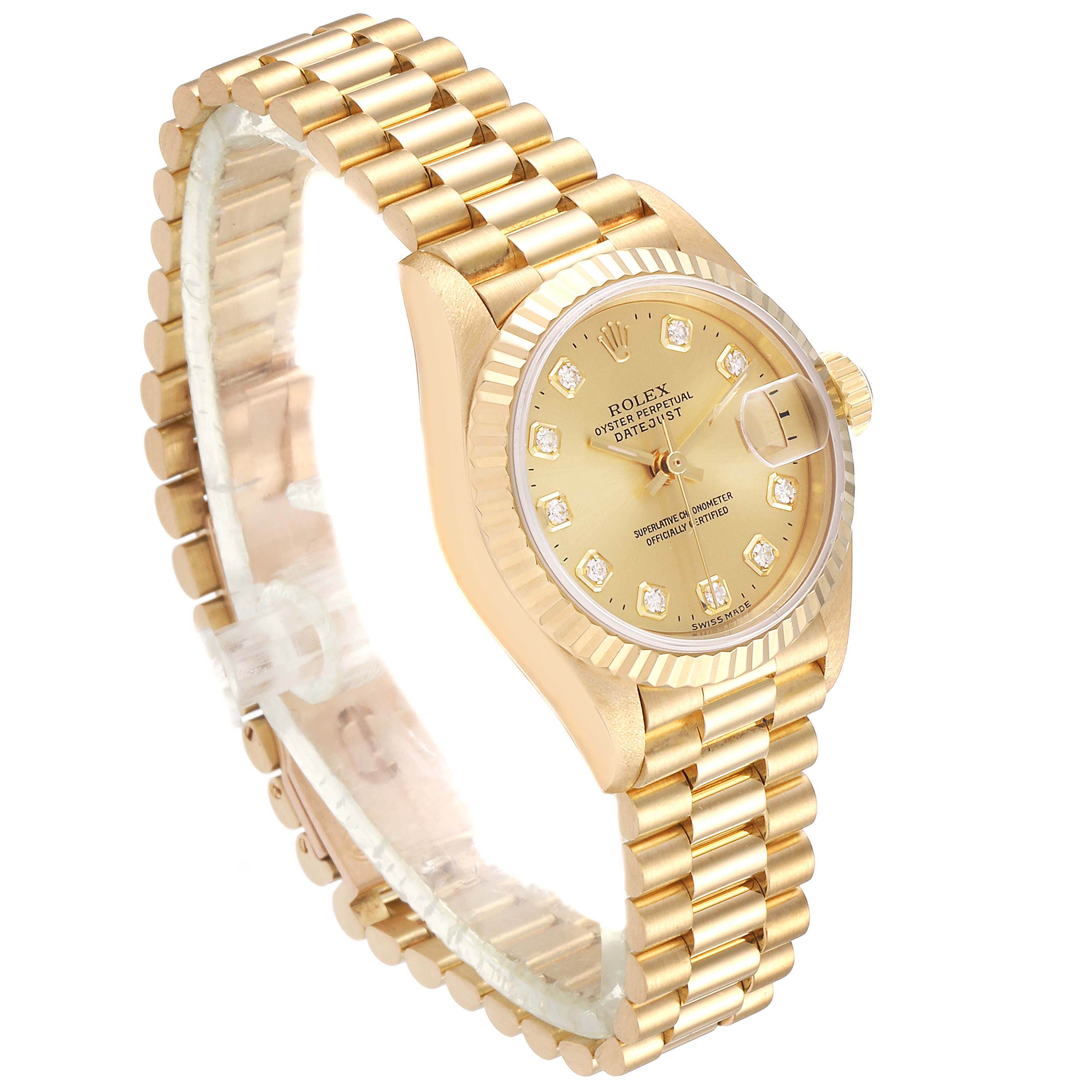 The image shows a Rolex President 79178 Women
s Yellow Gold Champagne Dial 79178 Women
s Yellow Gold Champagne Dial model watch at an angle highlighting the gold face, diamond hour markers, bezel, and bracelet.