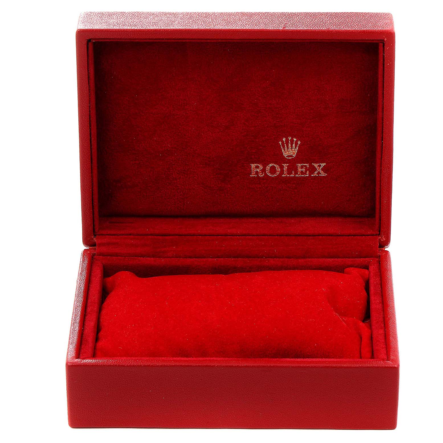 This is an open red Rolex watch box for the President model, showing the interior cushion and the Rolex logo.