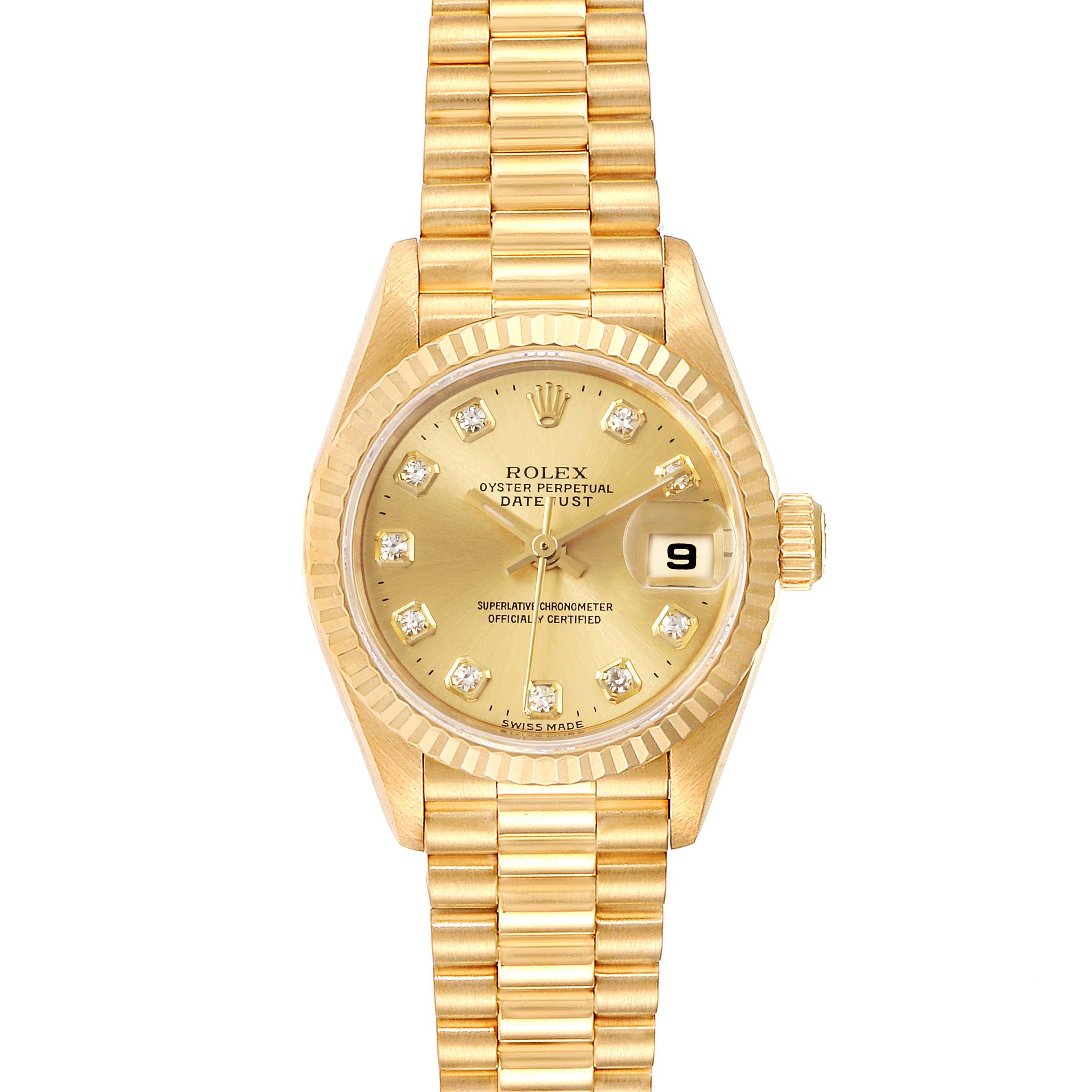 The image shows a front view of the Rolex President 79178 Women
s Yellow Gold Champagne Dial 79178 Women
s Yellow Gold Champagne Dial watch, displaying its gold dial, bracelet, fluted bezel, and date function.