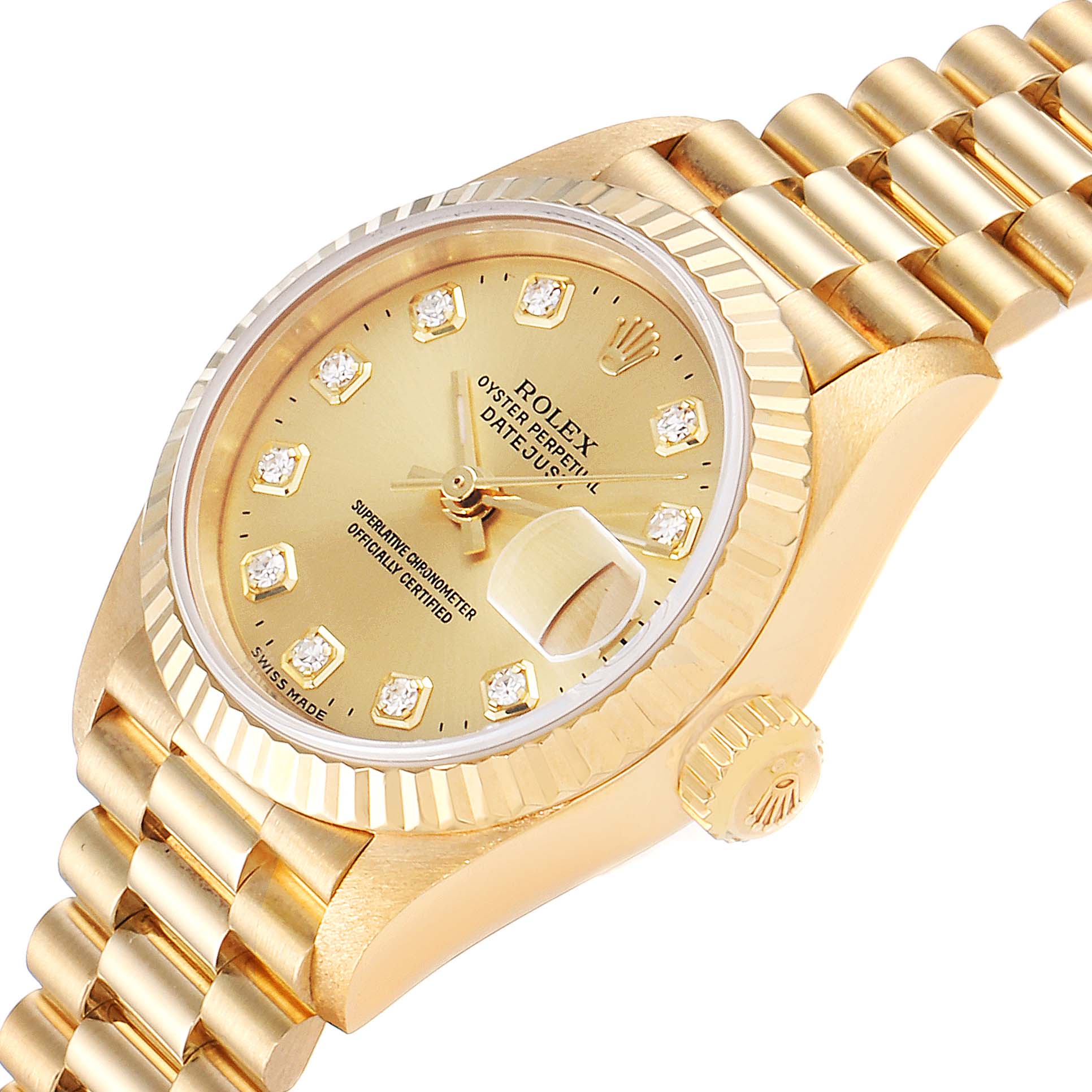 The image shows a close-up view of the Rolex President 79178 Women
s Yellow Gold Champagne Dial 79178 Women
s Yellow Gold Champagne Dial model watch, highlighting the gold case, fluted bezel, crown, and bracelet.