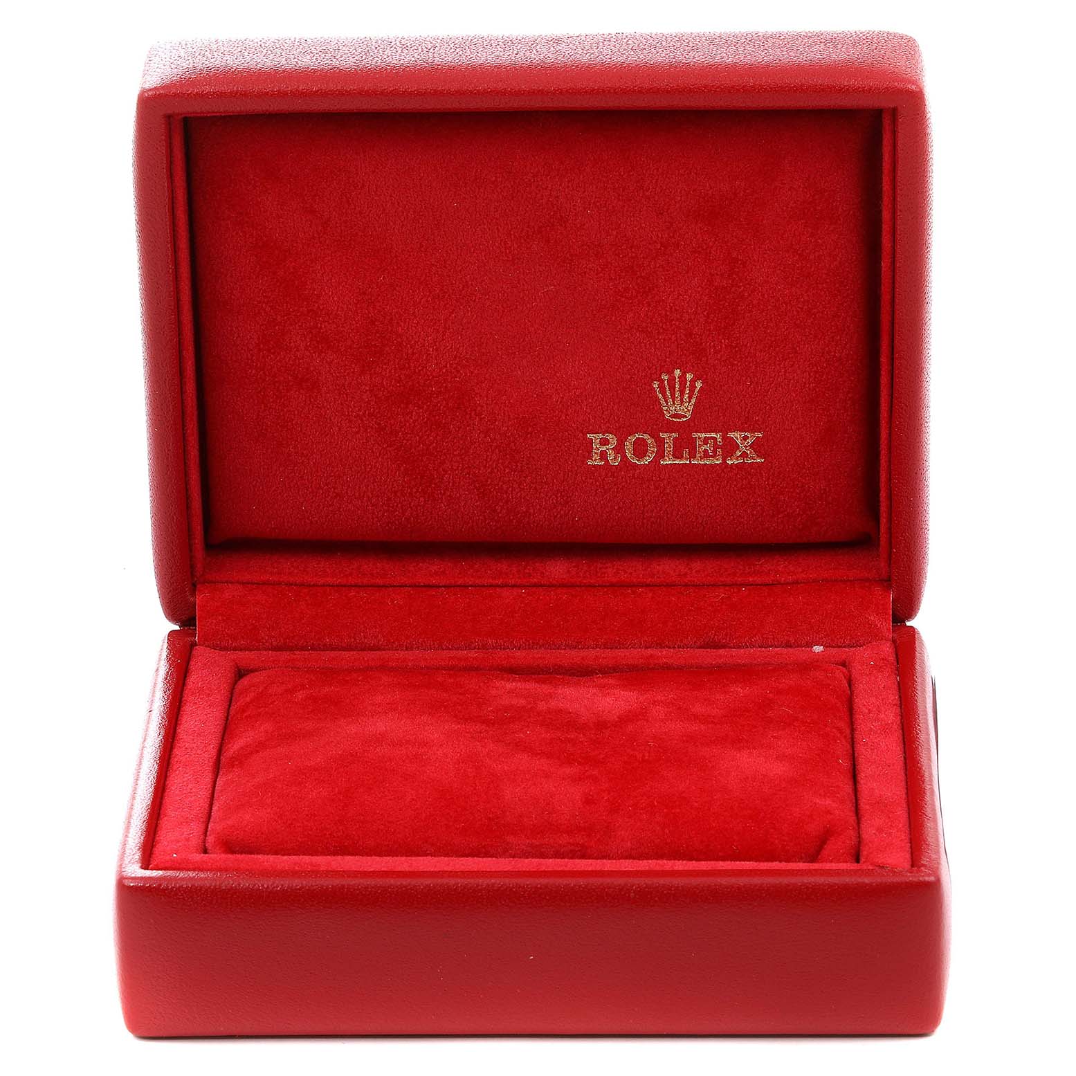 The image shows an empty, open red Rolex box for the President model watch, with the brand logo inside.