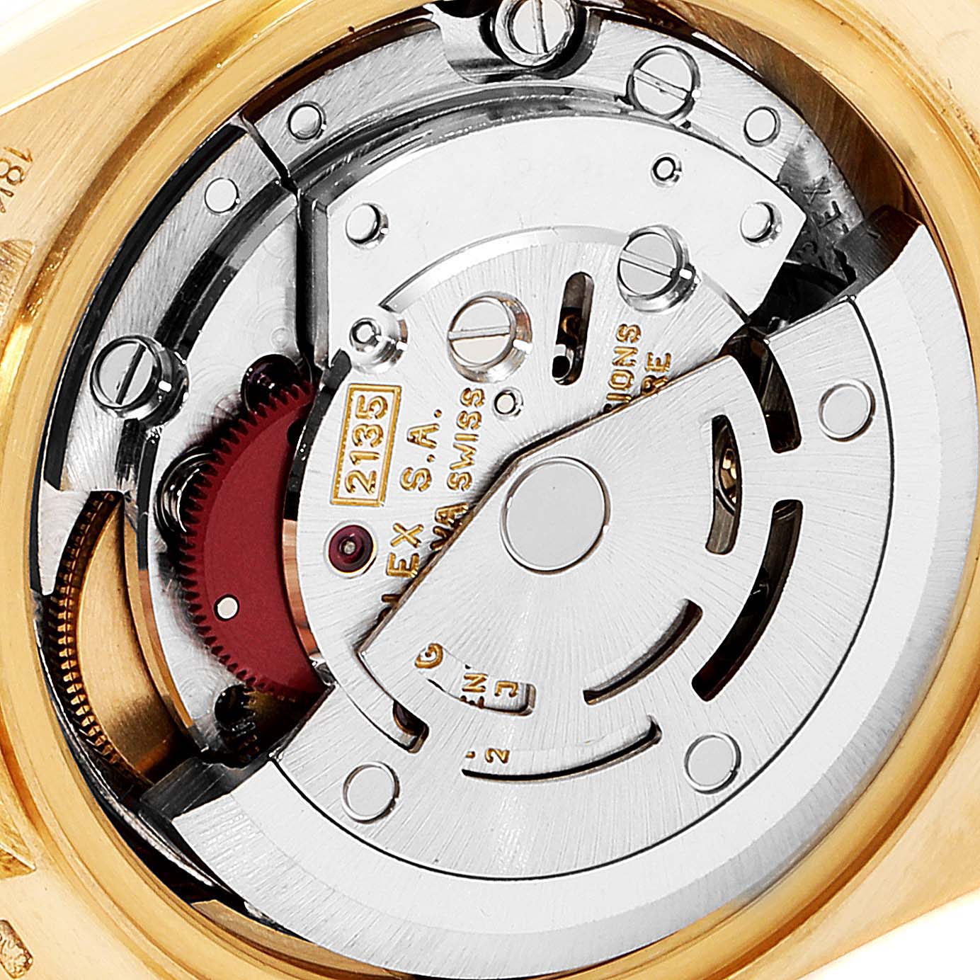 This image shows a close-up view of the movement inside a Rolex President 69178 Women
s Yellow Gold Champagne Dial 69178 Women
s Yellow Gold Champagne Dial model watch.