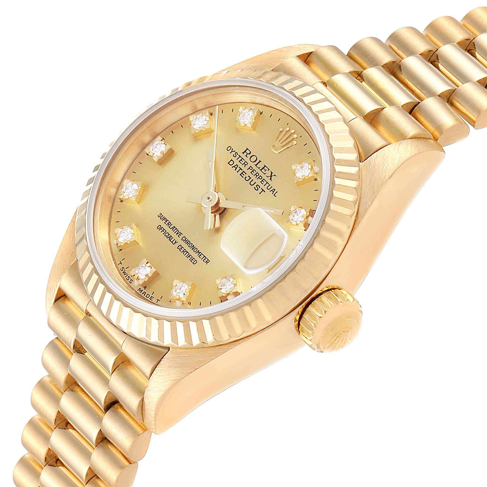 The image shows a side and front angled view of a Rolex President 69178 Women
s Yellow Gold Champagne Dial 69178 Women
s Yellow Gold Champagne Dial model watch, highlighting the dial, bezel, crown, and gold bracelet.