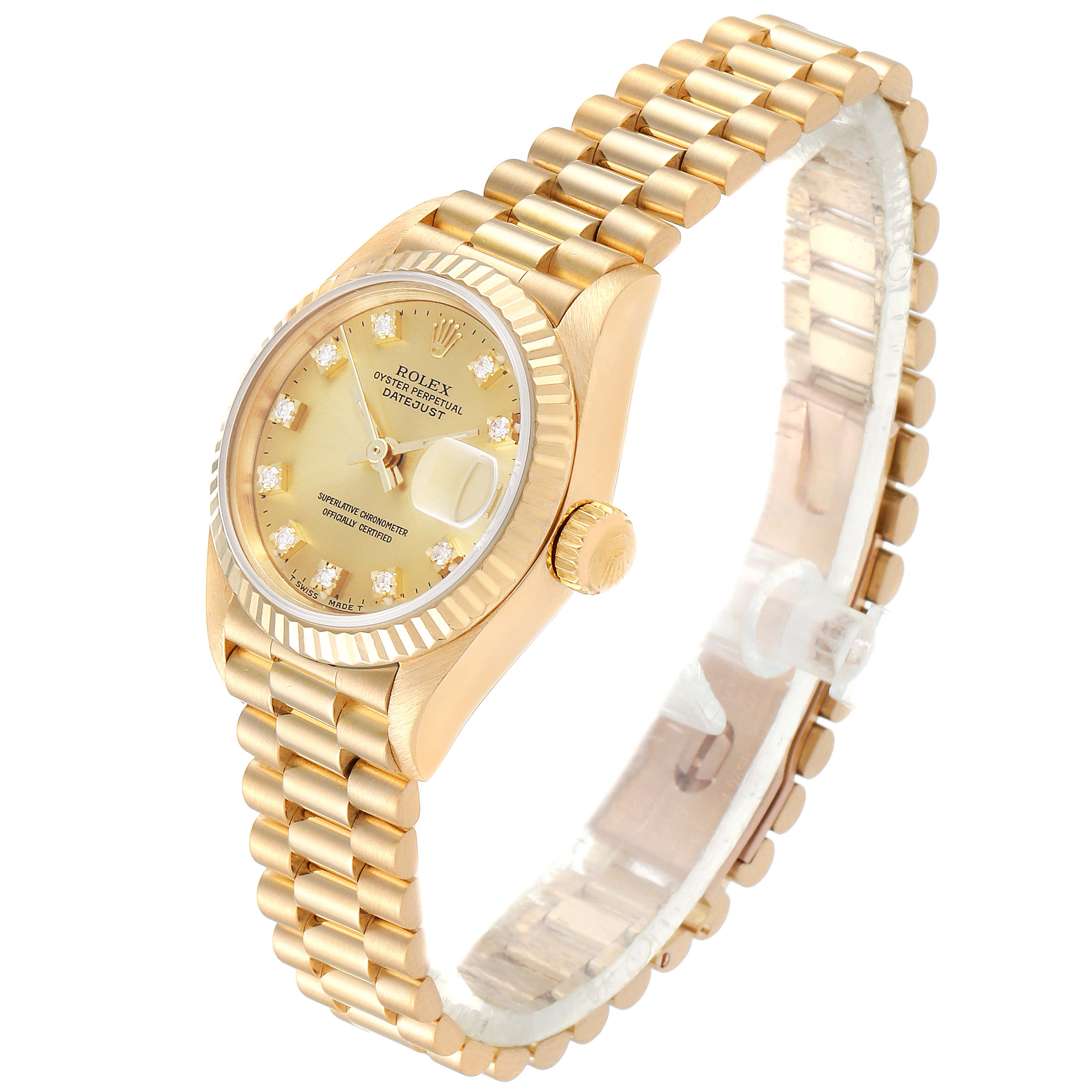 The image shows a side and front angled view of the Rolex President 69178 Women
s Yellow Gold Champagne Dial 69178 Women
s Yellow Gold Champagne Dial model, highlighting its gold bracelet, dial, and crown.