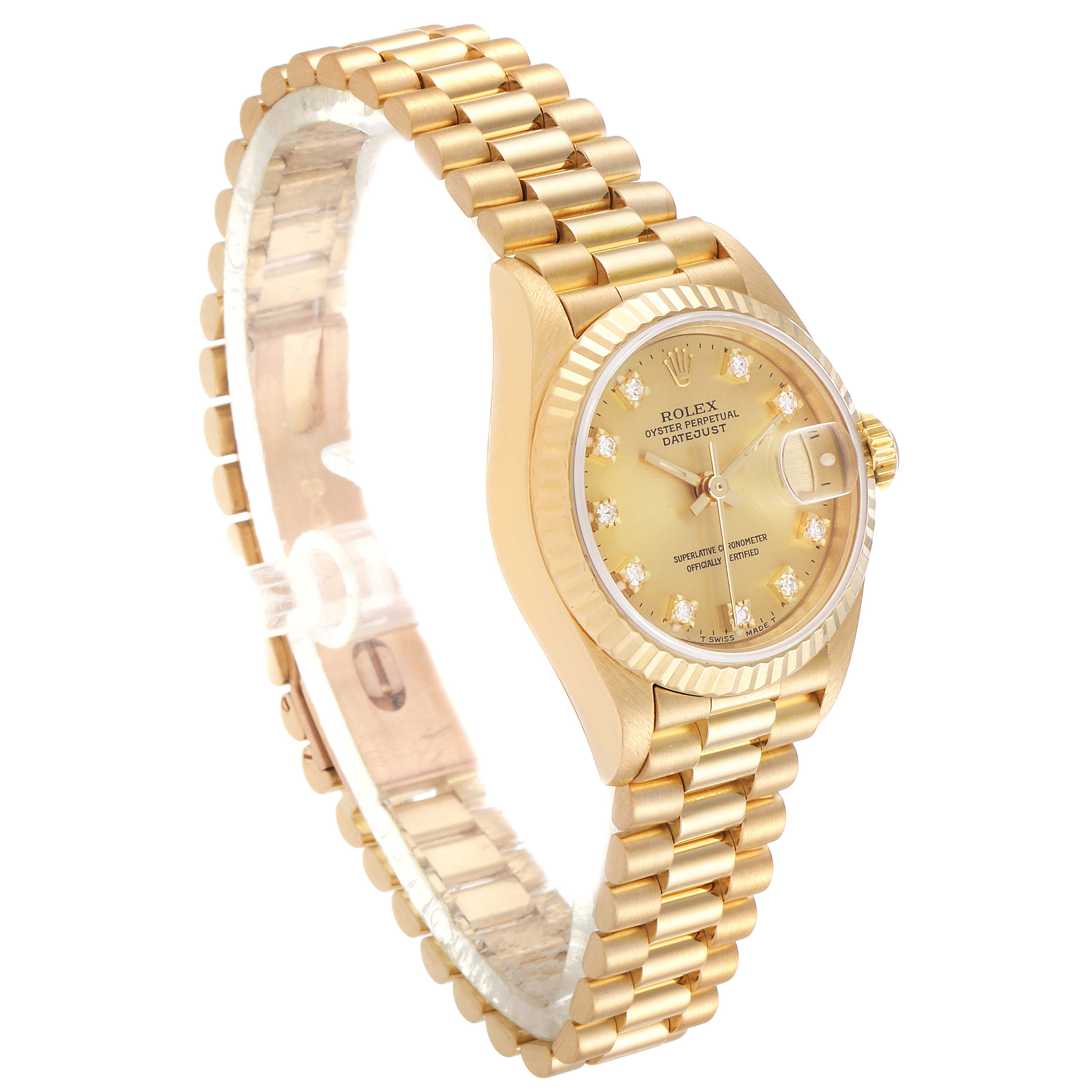 The image shows a Rolex President 69178 Women
s Yellow Gold Champagne Dial 69178 Women
s Yellow Gold Champagne Dial model watch from an angle that highlights the watch face, bracelet, and bezel.