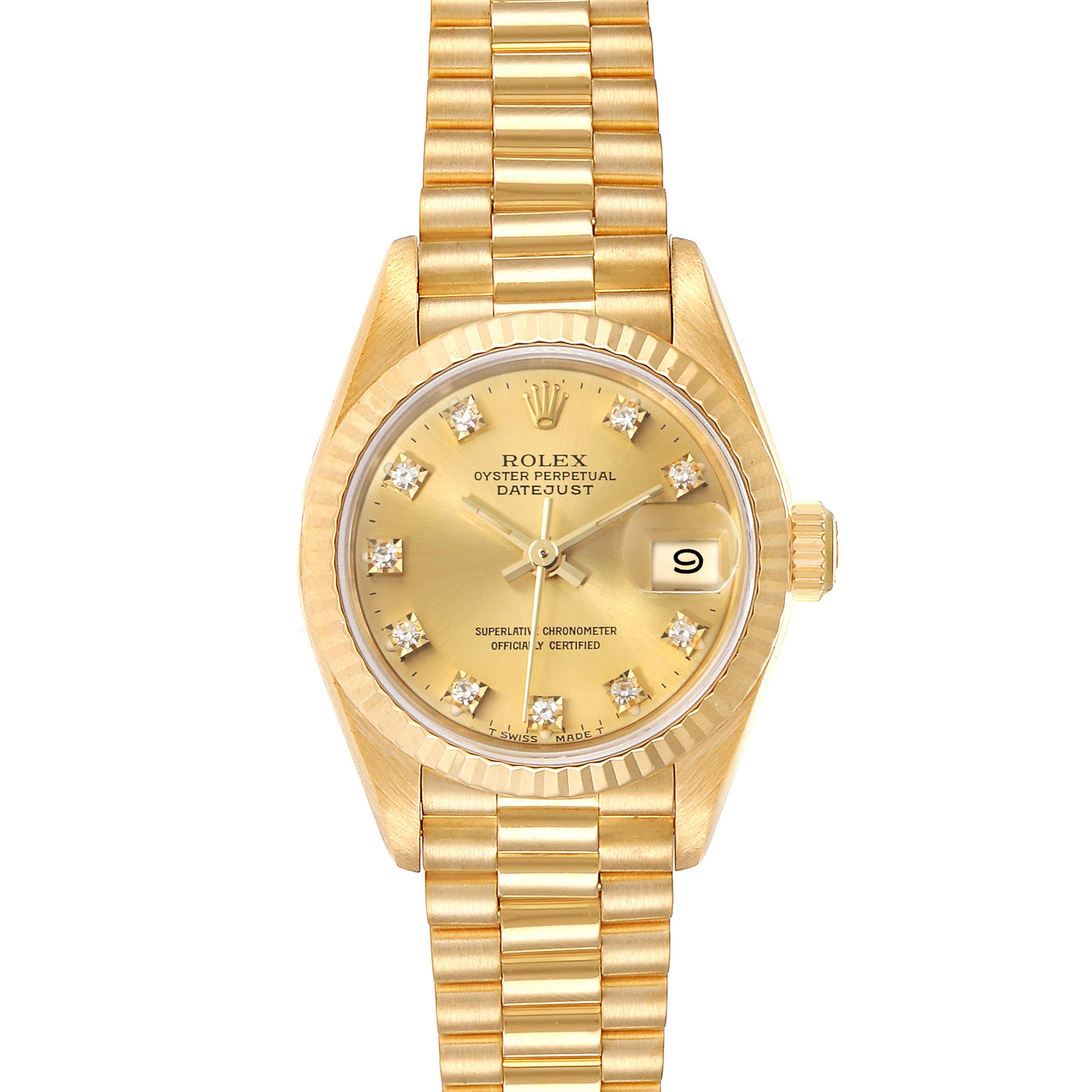 This Rolex President 69178 Women
s Yellow Gold Champagne Dial 69178 Women
s Yellow Gold Champagne Dial model watch is shown from a front angle, displaying its gold bracelet, dial, bezel, and date window.