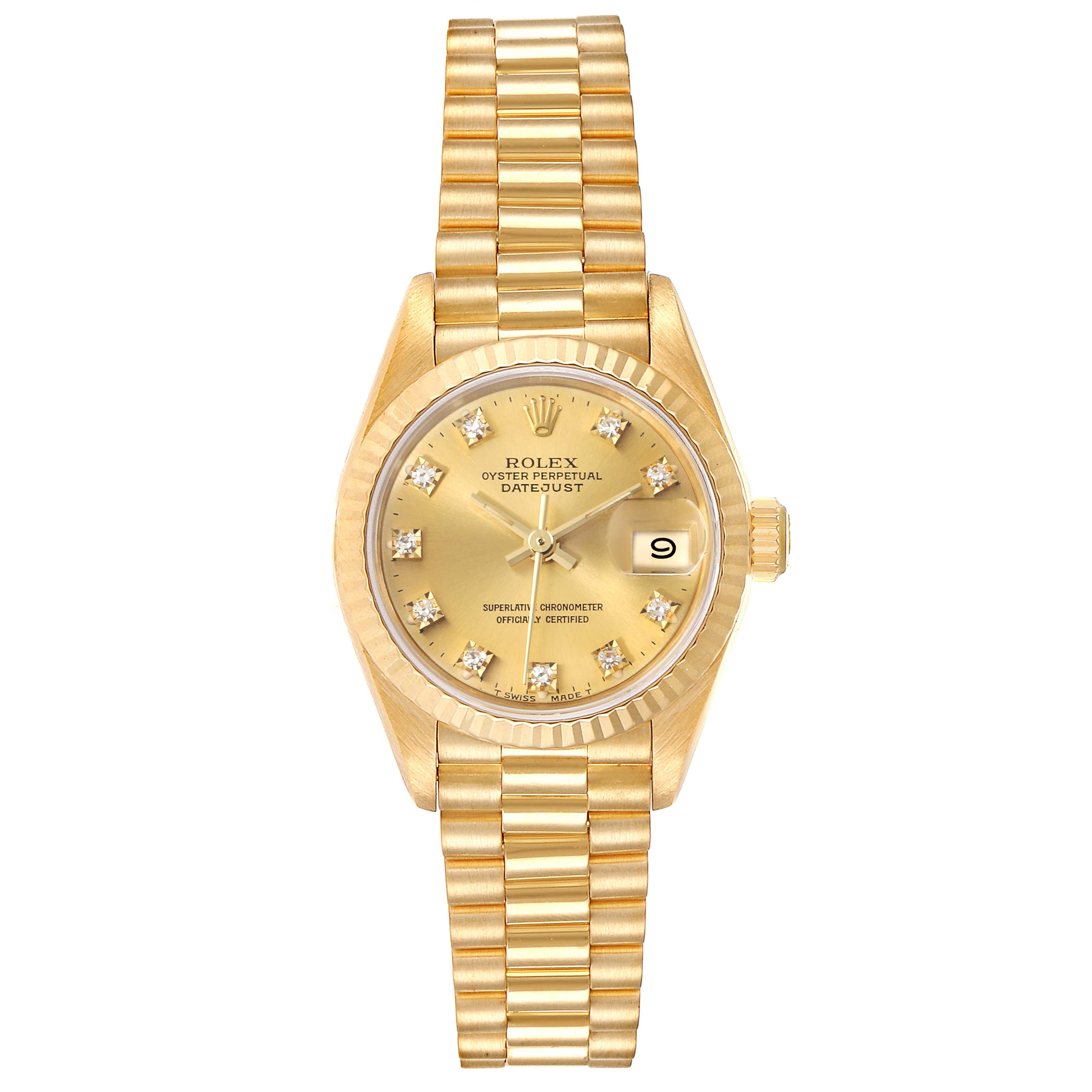The image shows a frontal view of the Rolex President 69178 Women
s Yellow Gold Champagne Dial 69178 Women
s Yellow Gold Champagne Dial model watch, showcasing the dial, bezel, case, and bracelet.