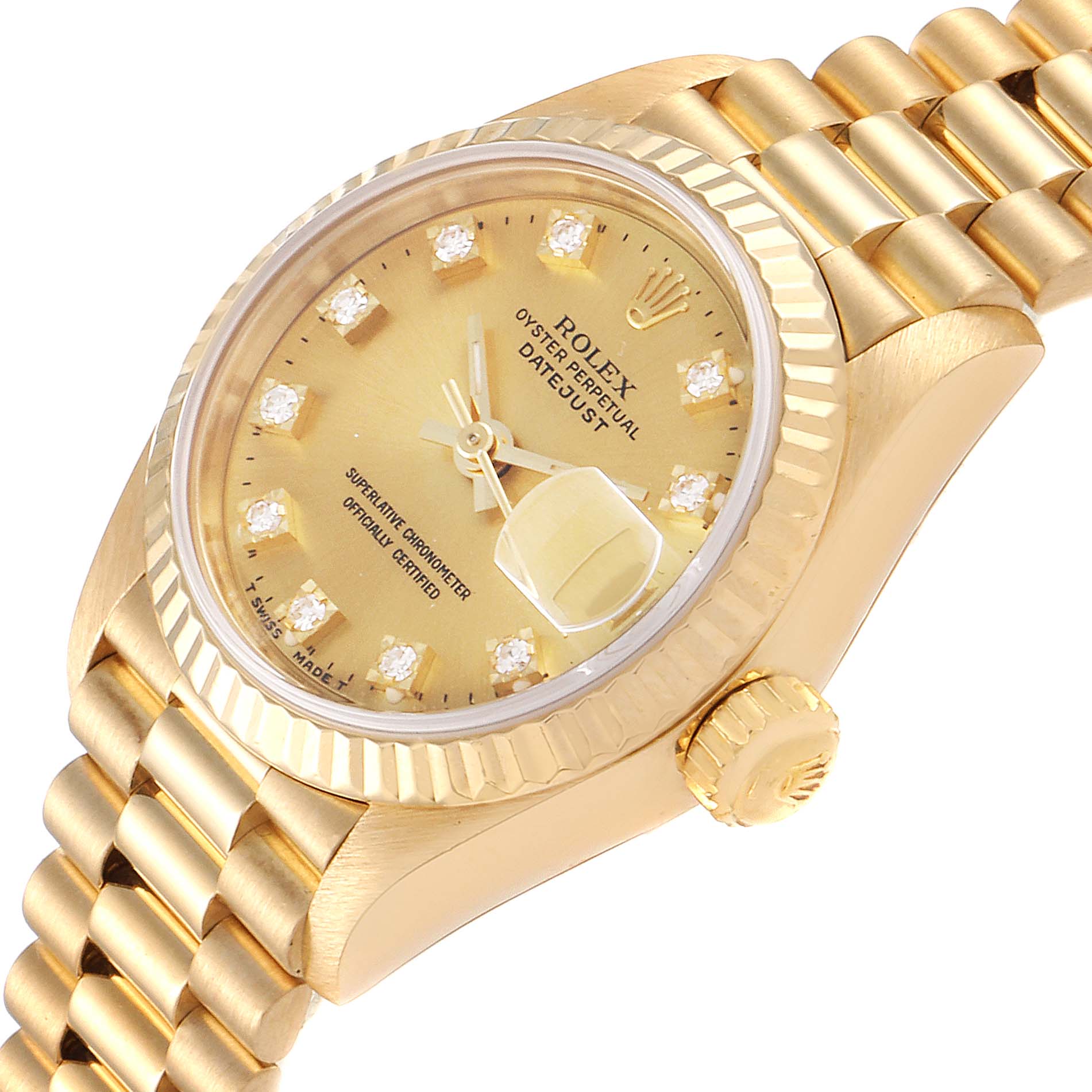 The Rolex President 69178 Women
s Yellow Gold Champagne Dial 69178 Women
s Yellow Gold Champagne Dial model watch is shown from an angled side view, displaying its dial, bezel, and bracelet clearly.