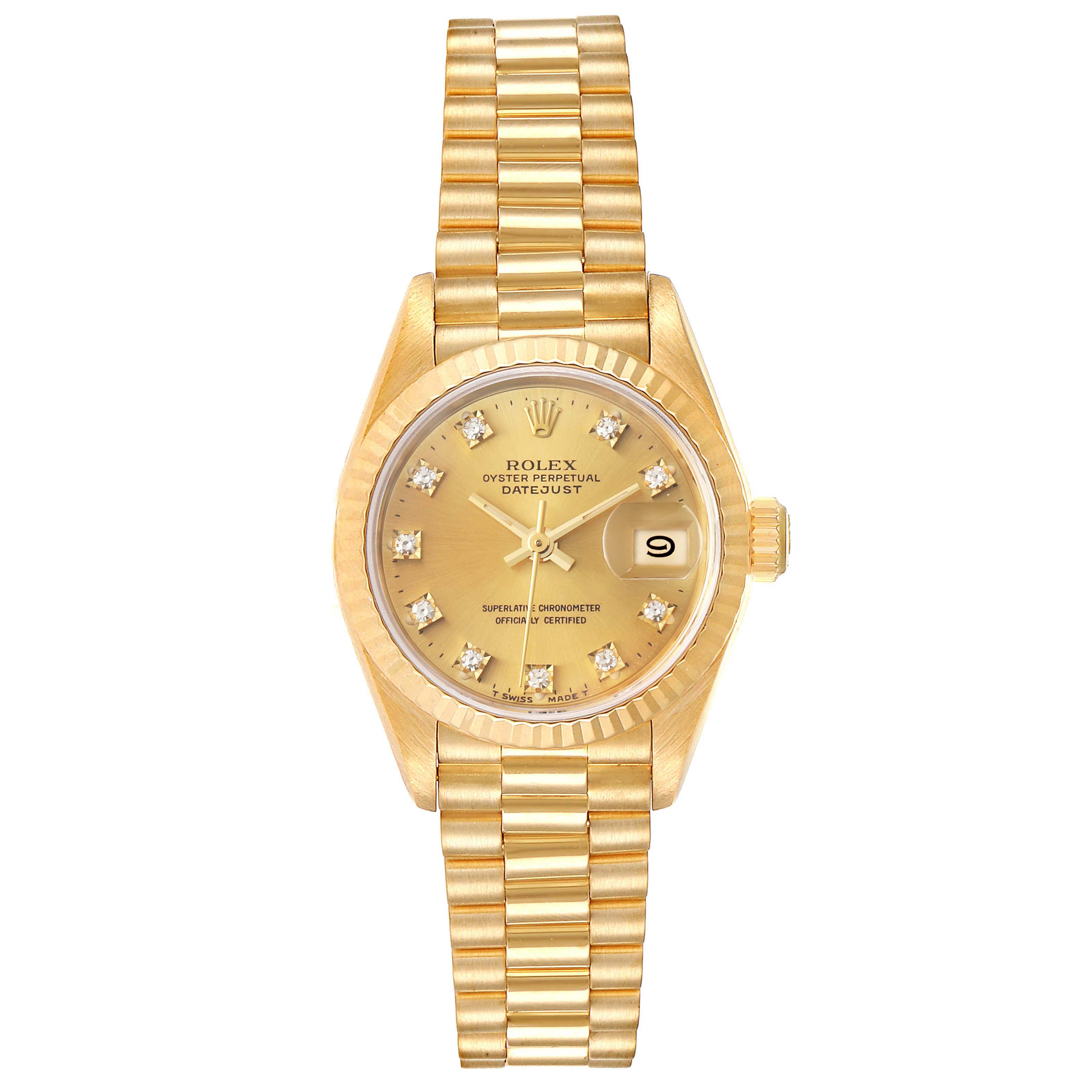 The image shows a front view of a Rolex President 69178 Women
s Yellow Gold Champagne Dial 69178 Women
s Yellow Gold Champagne Dial watch displaying the face, date window, bezel, and bracelet.