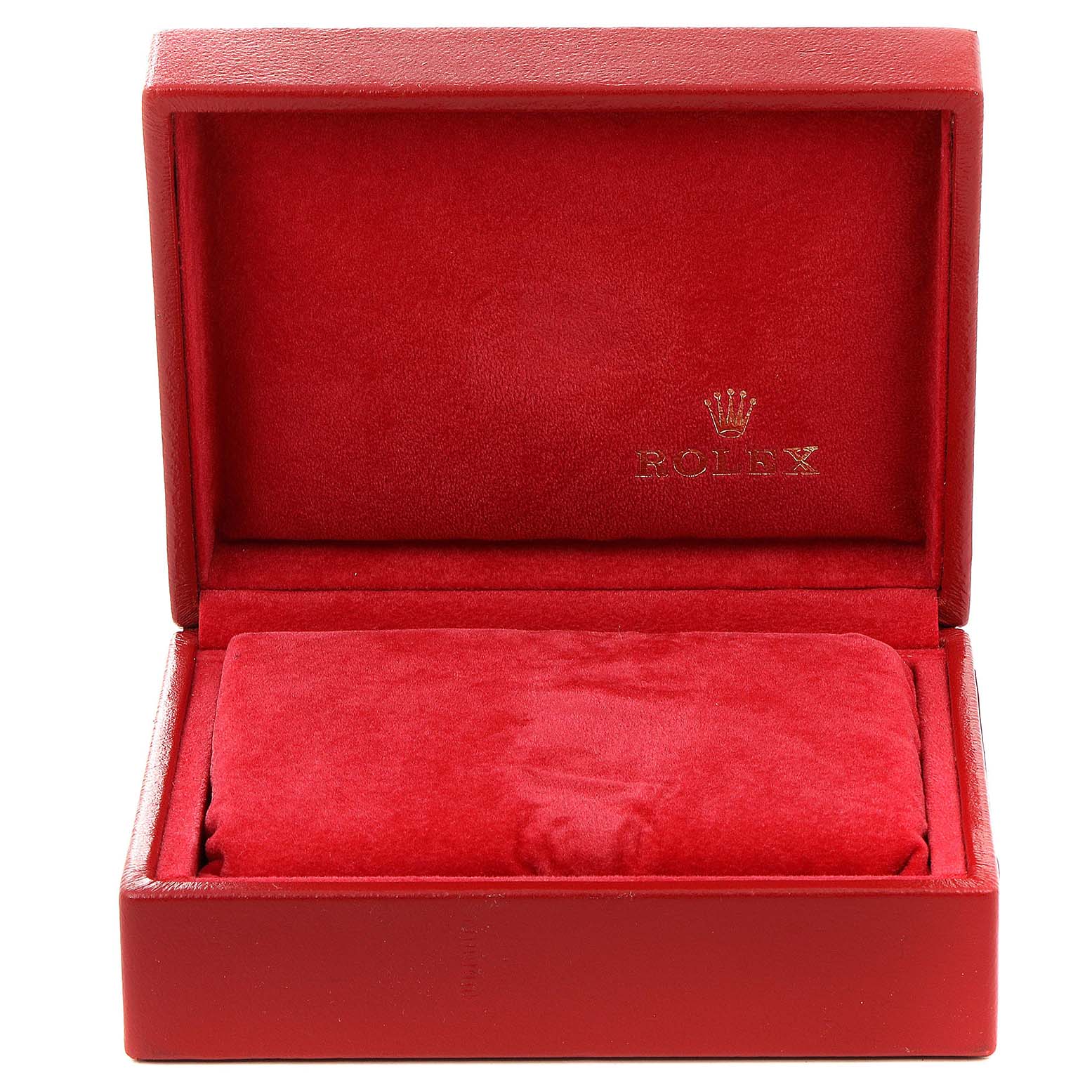 The image shows an open red Rolex box for the President model watch, revealing the interior lining.