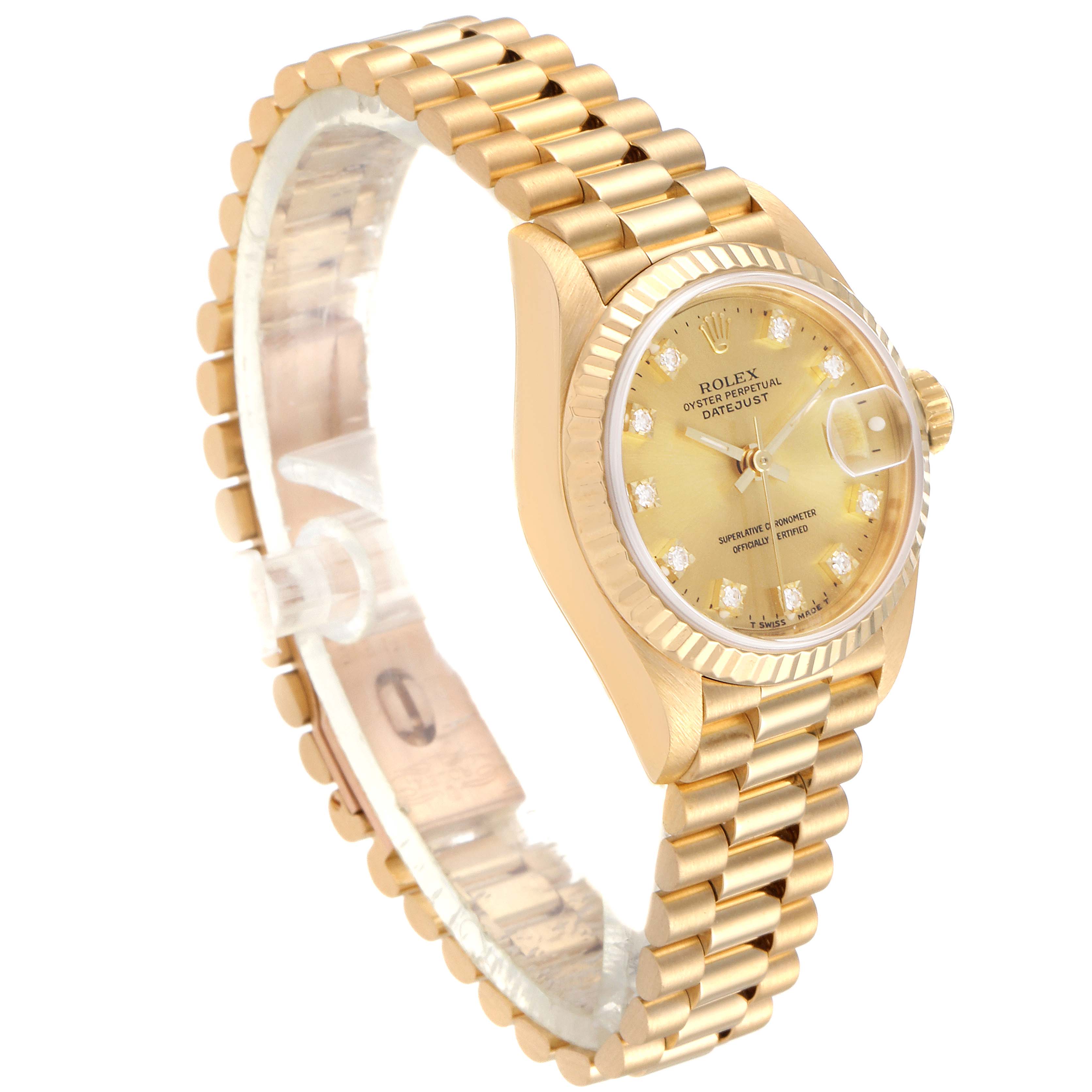 The image shows a Rolex President 69178 Women
s Yellow Gold Champagne Dial 69178 Women
s Yellow Gold Champagne Dial model watch at an angled view, highlighting the gold band and diamond-encrusted dial.