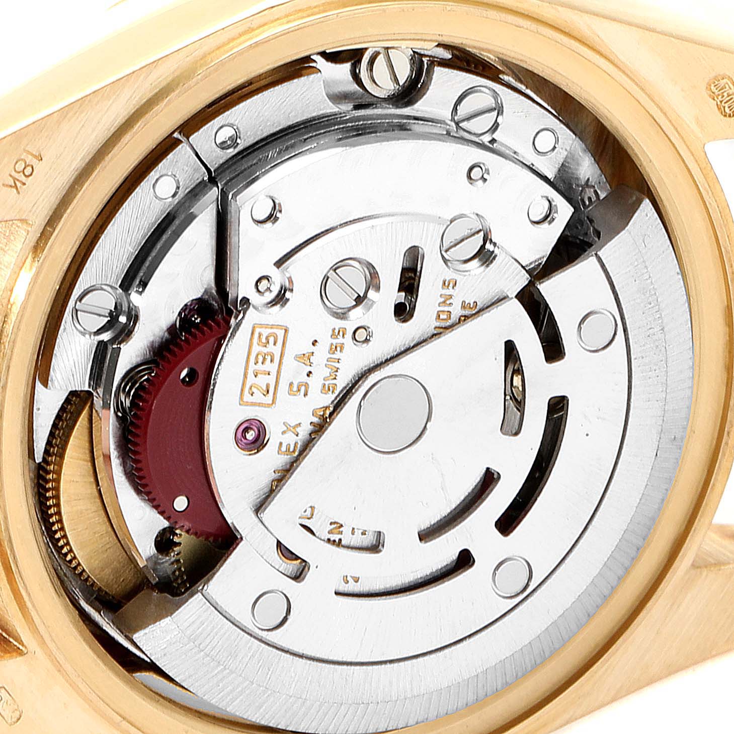 This image shows the internal mechanism and movement of a Rolex President 69178 Women
s Yellow Gold Champagne Dial 69178 Women
s Yellow Gold Champagne Dial model watch from the back view.