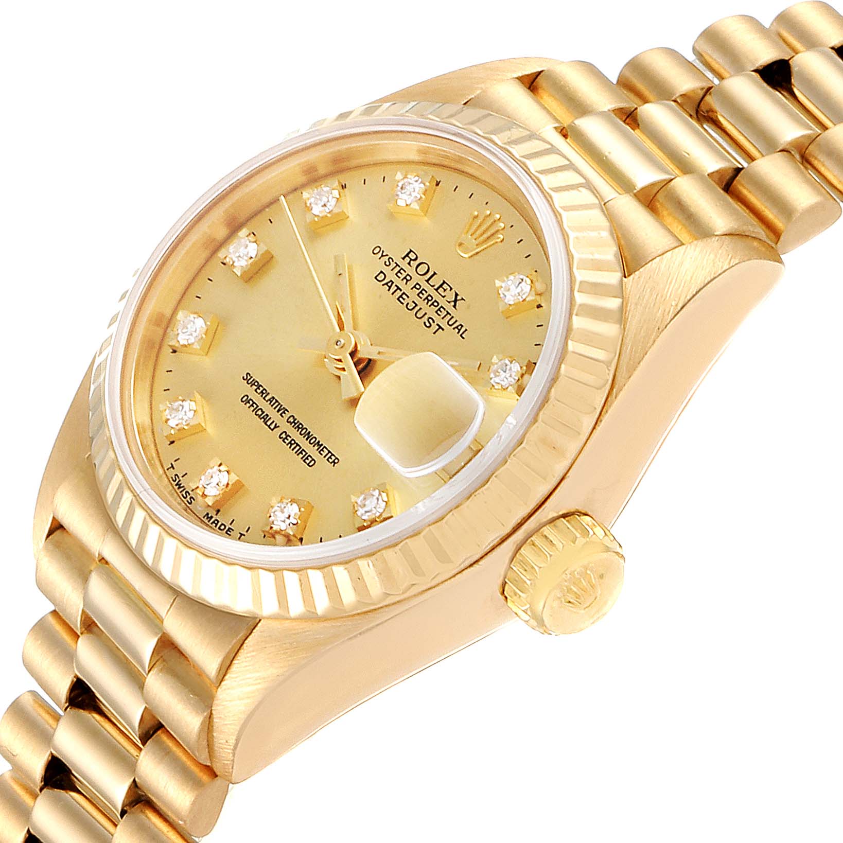 This image shows a close-up side angle of a Rolex President 69178 Women
s Yellow Gold Champagne Dial 69178 Women
s Yellow Gold Champagne Dial model, highlighting its gold case, diamond hour markers, and bracelet.