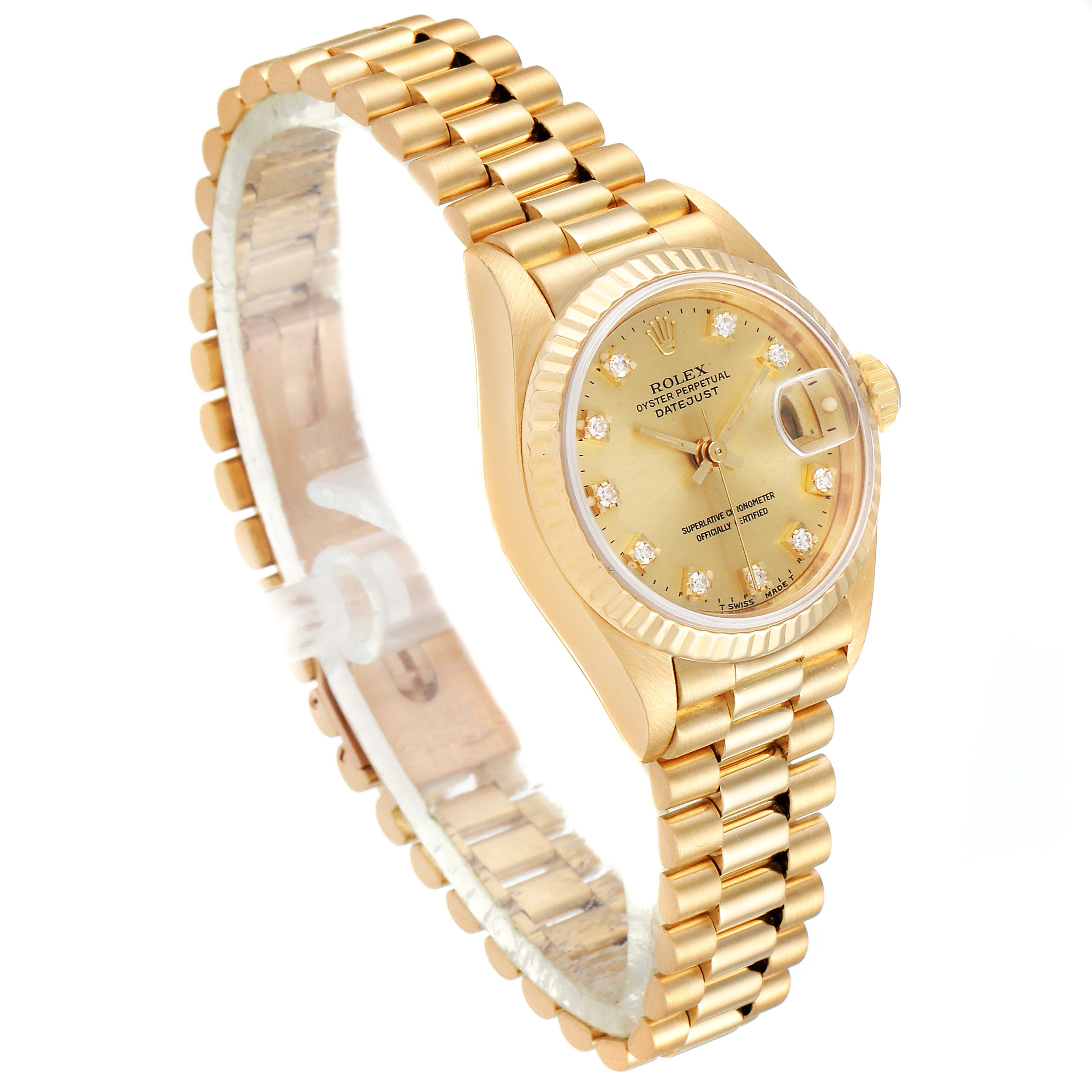 This Rolex President 69178 Women
s Yellow Gold Champagne Dial 69178 Women
s Yellow Gold Champagne Dial model watch is shown at a three-quarter angle, highlighting its gold bracelet, dial, and fluted bezel.