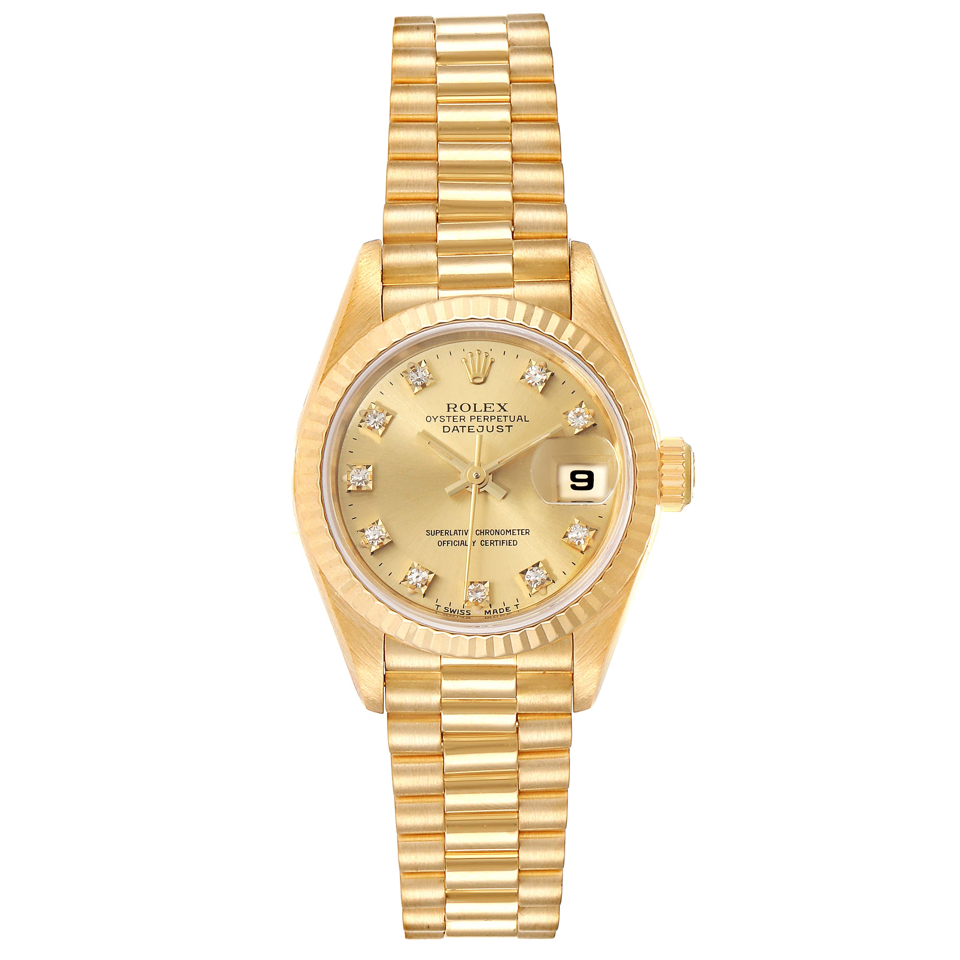 This image shows a front view of a Rolex President 69178 Women
s Yellow Gold Champagne Dial 69178 Women
s Yellow Gold Champagne Dial model watch, displaying its gold band, dial, and date window.