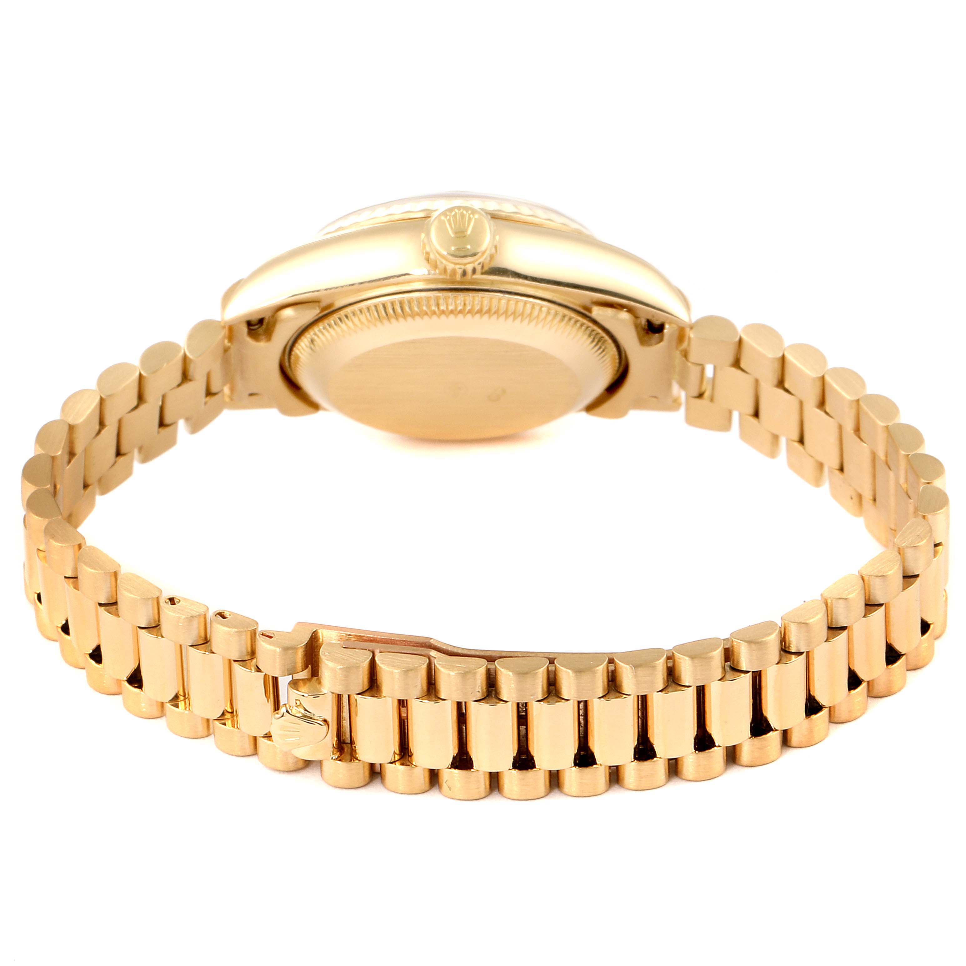 This image shows the back and side of a Rolex President 69178 Women
s Yellow Gold Champagne Dial 69178 Women
s Yellow Gold Champagne Dial model, focusing on the case and the bracelet.