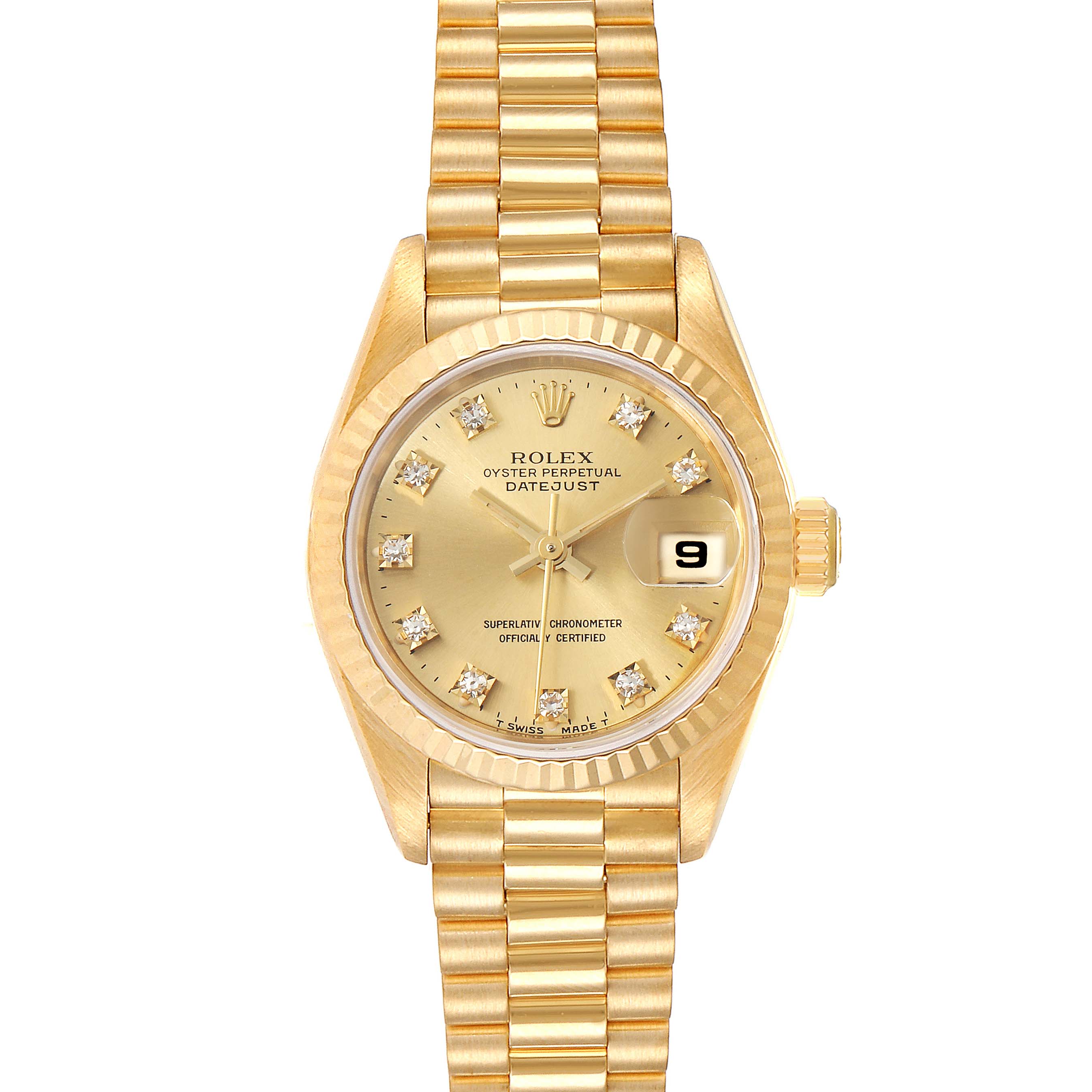 The image shows a frontal view of the Rolex President 69178 Women
s Yellow Gold Champagne Dial 69178 Women
s Yellow Gold Champagne Dial Datejust watch with a gold bracelet and diamond hour markers.