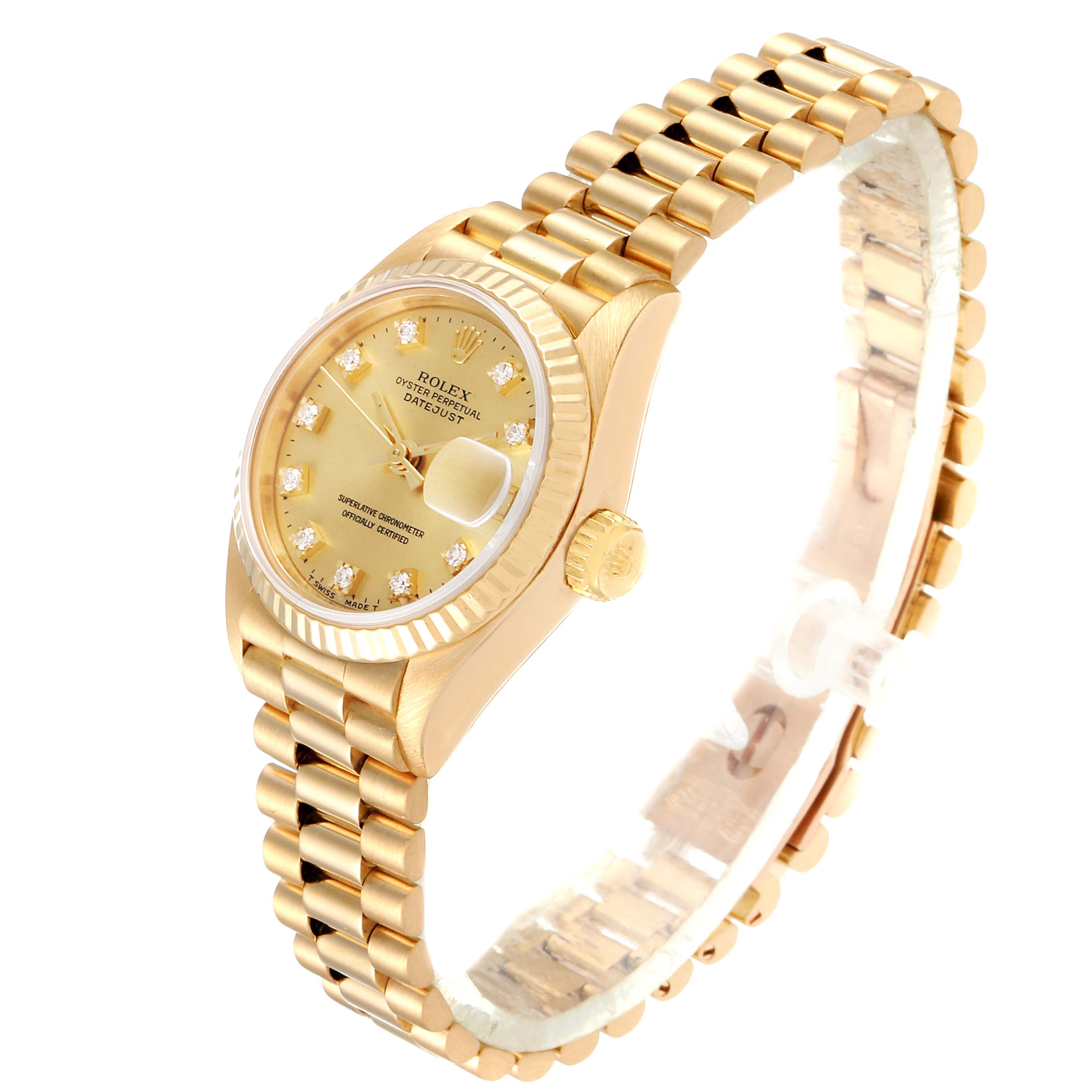 The image shows a President model Rolex watch at a three-quarter angle, highlighting the watch face, bezel, crown, and bracelet.