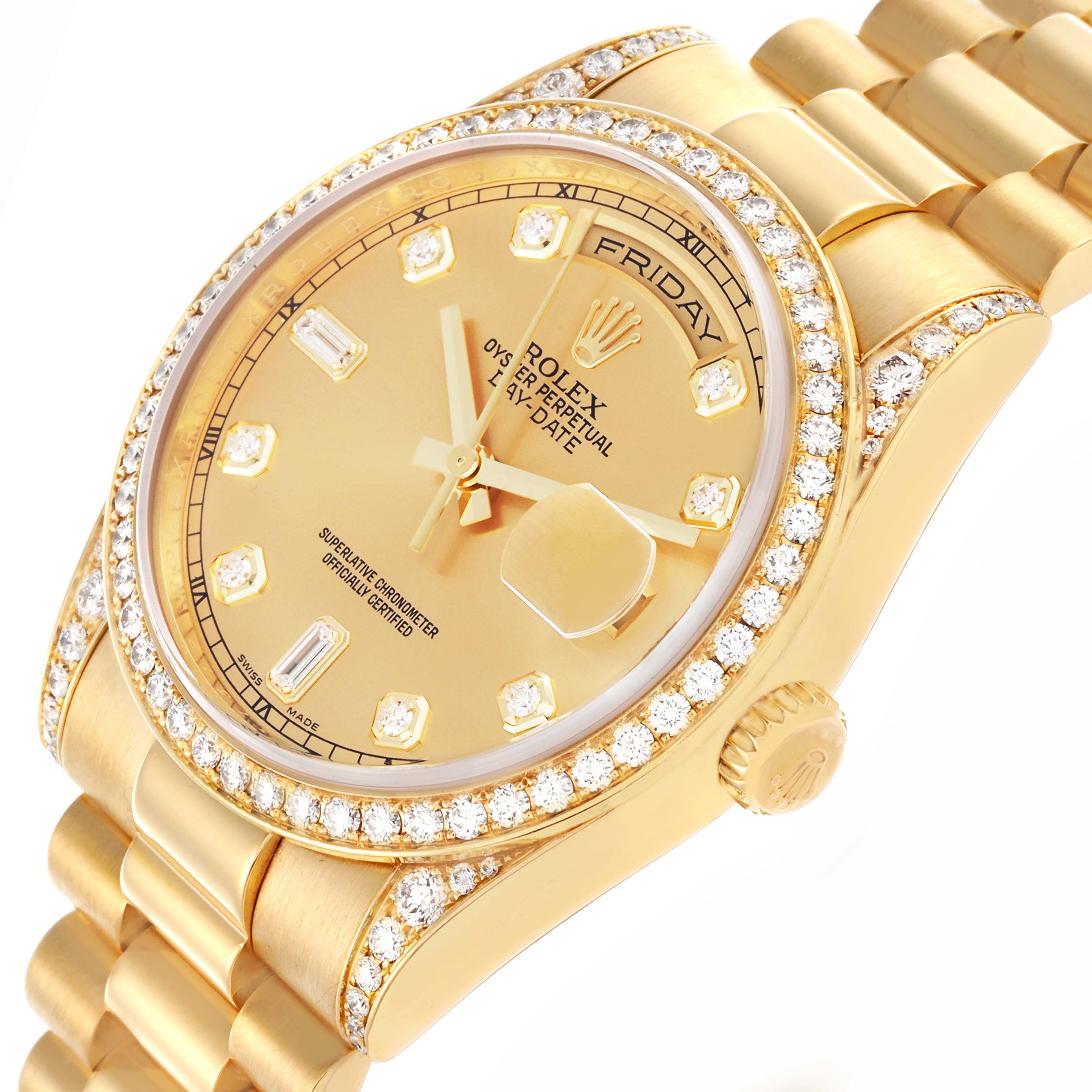 The Rolex President 118388 Men's Yellow Gold Champagne Dial 118388 Men's Yellow Gold Champagne Dial model is shown at a slight angle, featuring the dial, bezel with diamonds, and part of the bracelet.