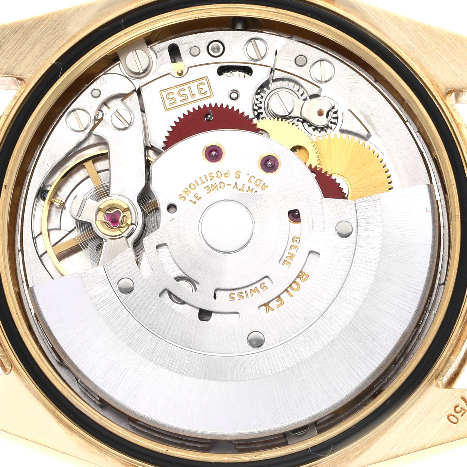 The image shows the internal movement mechanism of a Rolex President 118388 Men's Yellow Gold Champagne Dial 118388 Men's Yellow Gold Champagne Dial model watch from a top-down angle.