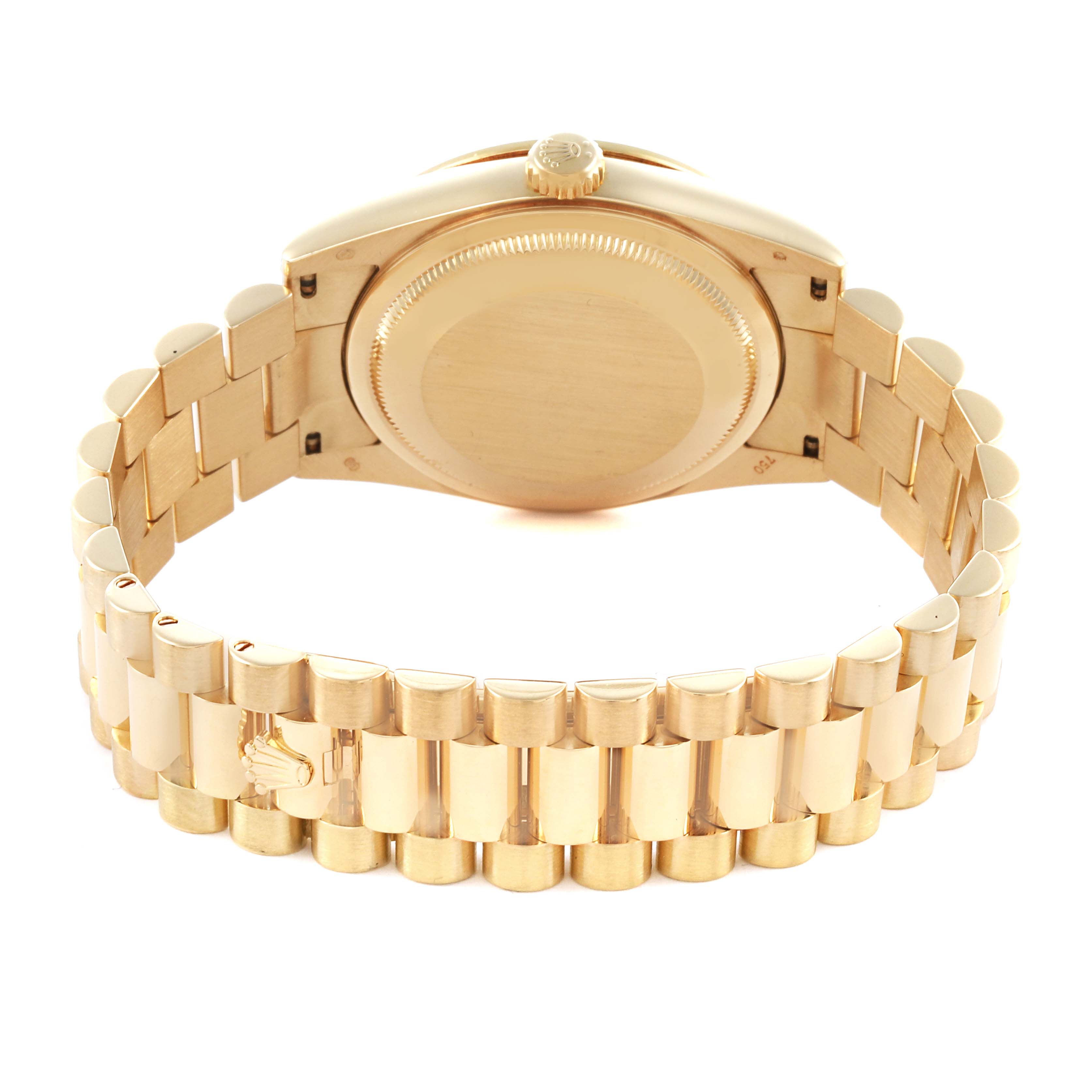 The image shows the back of a Rolex President 118388 Men's Yellow Gold Champagne Dial 118388 Men's Yellow Gold Champagne Dial watch with its bracelet and case back visible.