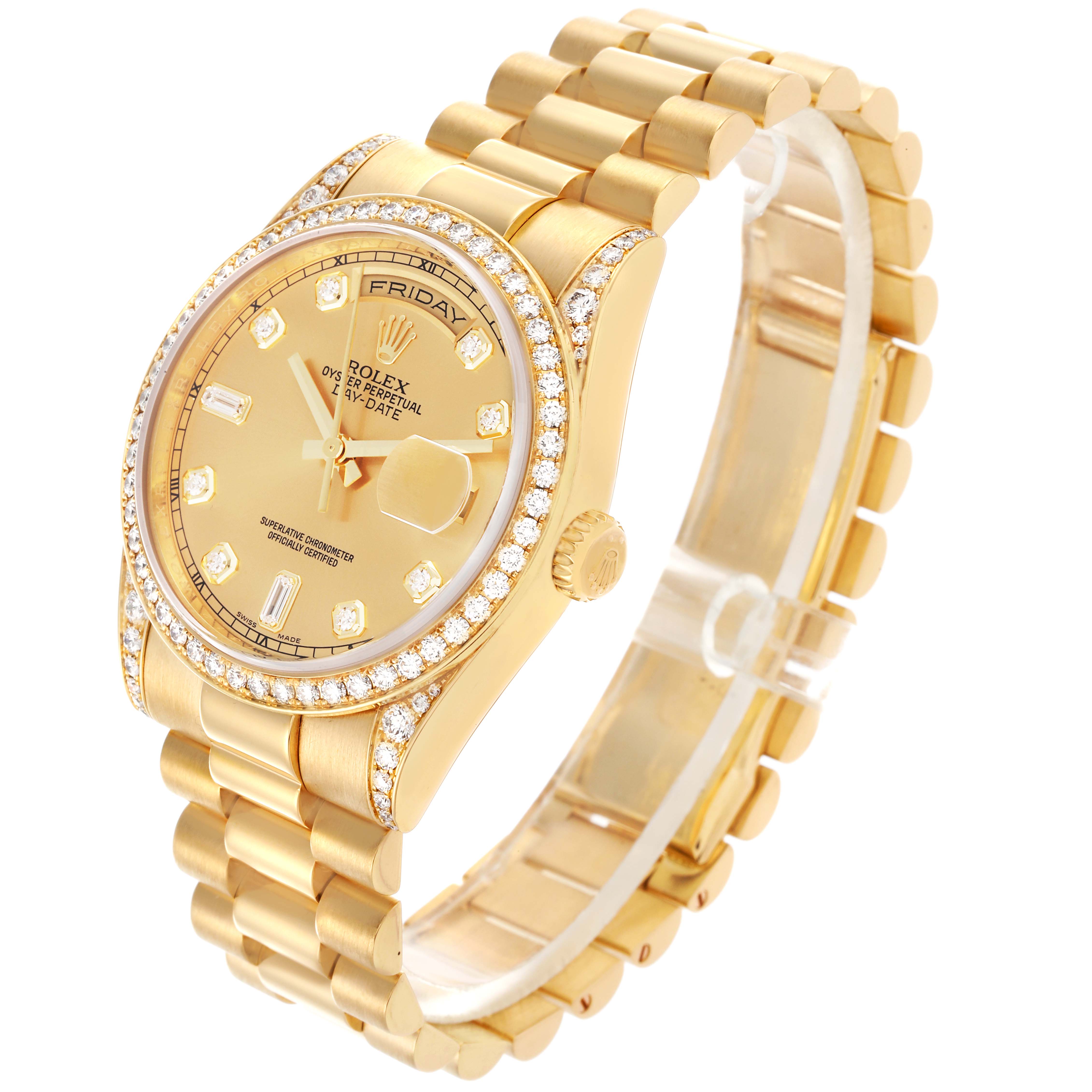 The Rolex President 118388 Men's Yellow Gold Champagne Dial 118388 Men's Yellow Gold Champagne Dial model is shown at an angle displaying the face, case, bezel, and bracelet.
