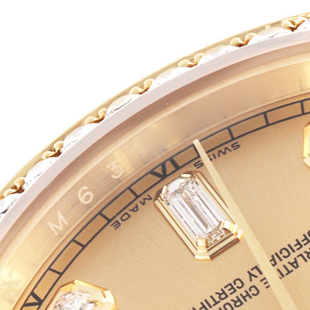 The image shows a close-up of the bezel and dial of a Rolex President 118388 Men's Yellow Gold Champagne Dial 118388 Men's Yellow Gold Champagne Dial watch, highlighting the gemstones and hour markers.