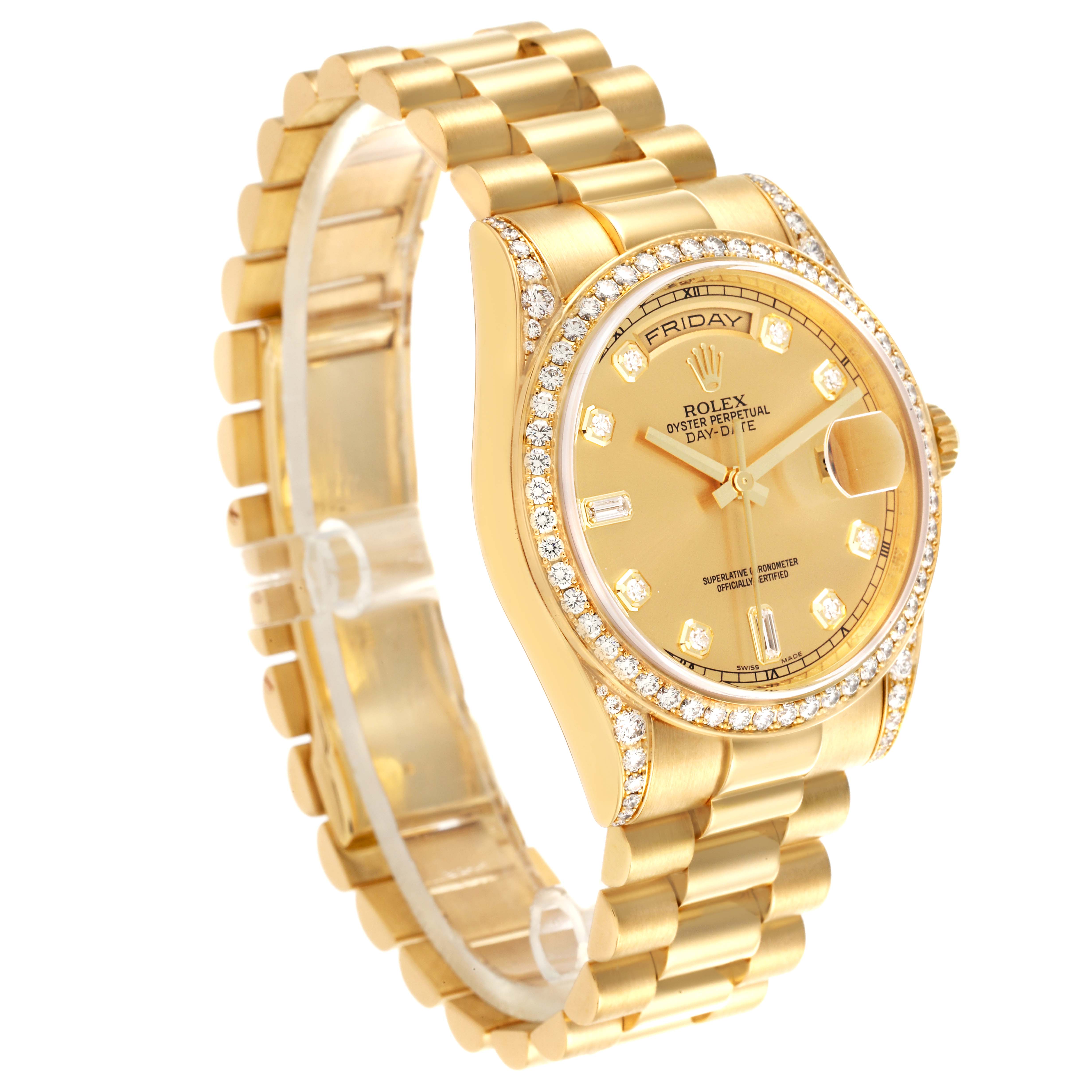 The Rolex President 118388 Men's Yellow Gold Champagne Dial 118388 Men's Yellow Gold Champagne Dial watch is shown at a side angle, highlighting the face, bezel, and bracelet.