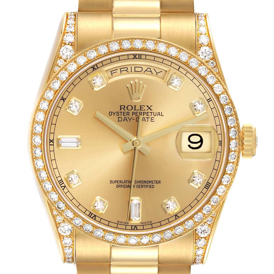 The Rolex President model is shown from a front angle, highlighting the diamond bezel and gold dial.