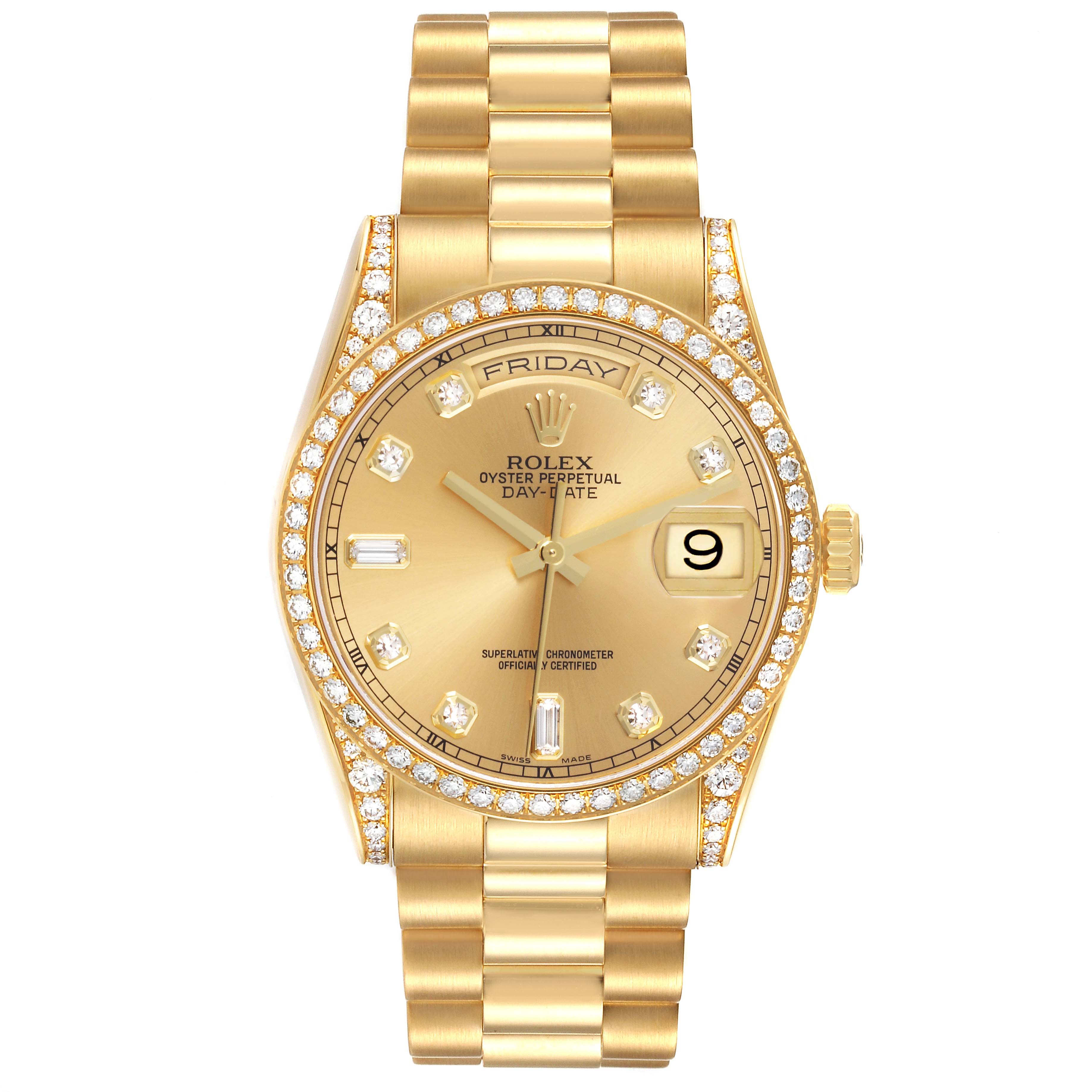 The Rolex President 118388 Men's Yellow Gold Champagne Dial 118388 Men's Yellow Gold Champagne Dial watch is shown from a front angle, highlighting its diamond bezel and gold bracelet.