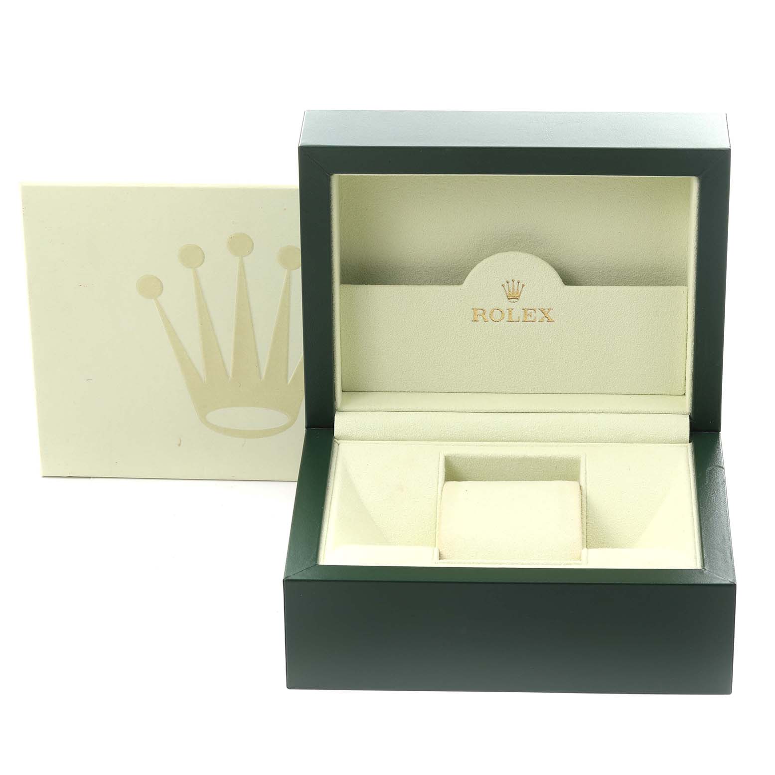 The image shows an open Rolex President 118388 Men's Yellow Gold Champagne Dial 118388 Men's Yellow Gold Champagne Dial watch box, displaying the interior with a cushion and the brand logo.