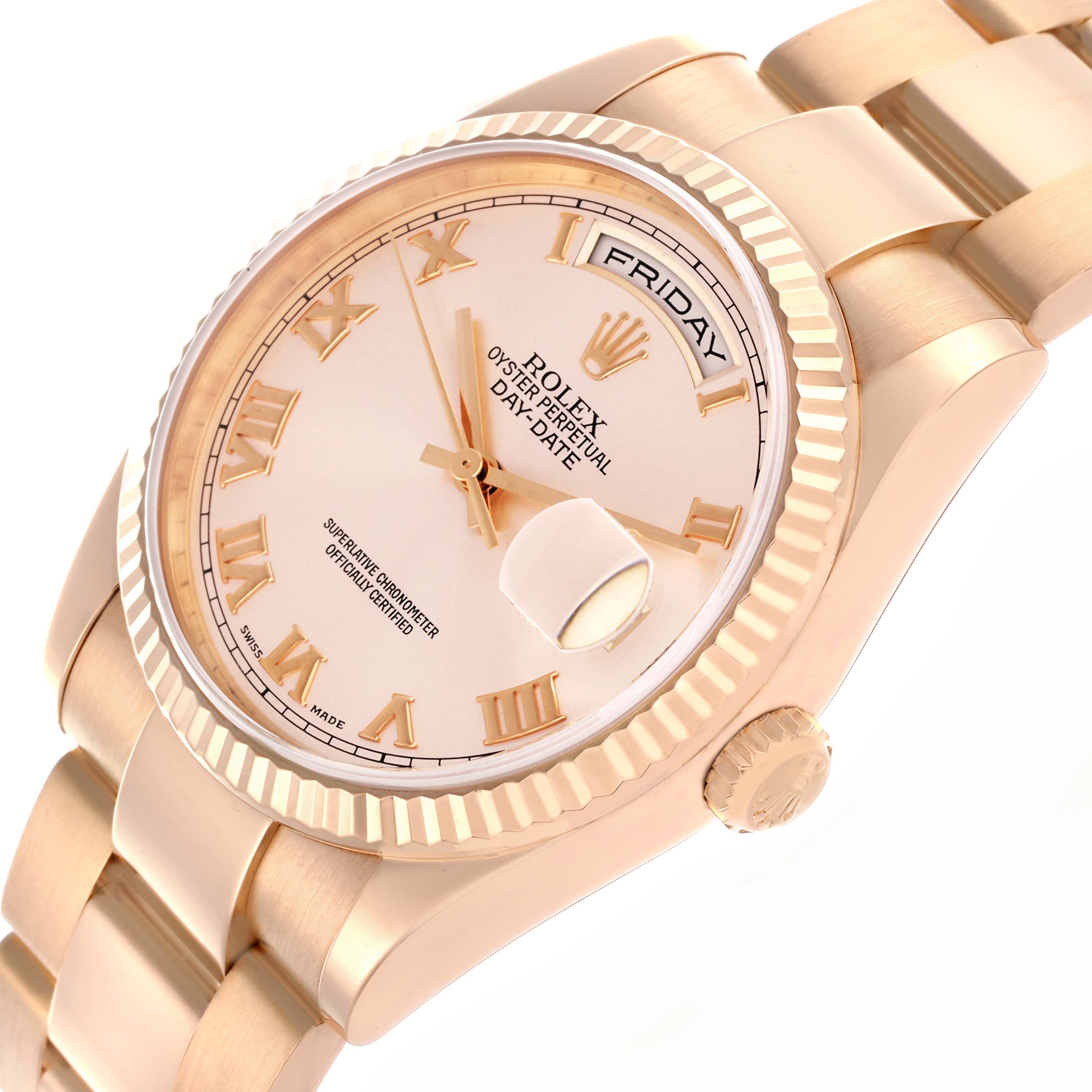 The Rolex President 118235 Men
s Rose Gold Pink Dial 118235 Men
s Rose Gold Pink Dial model is shown from a side angle, displaying the dial, bezel, crown, and part of the bracelet.