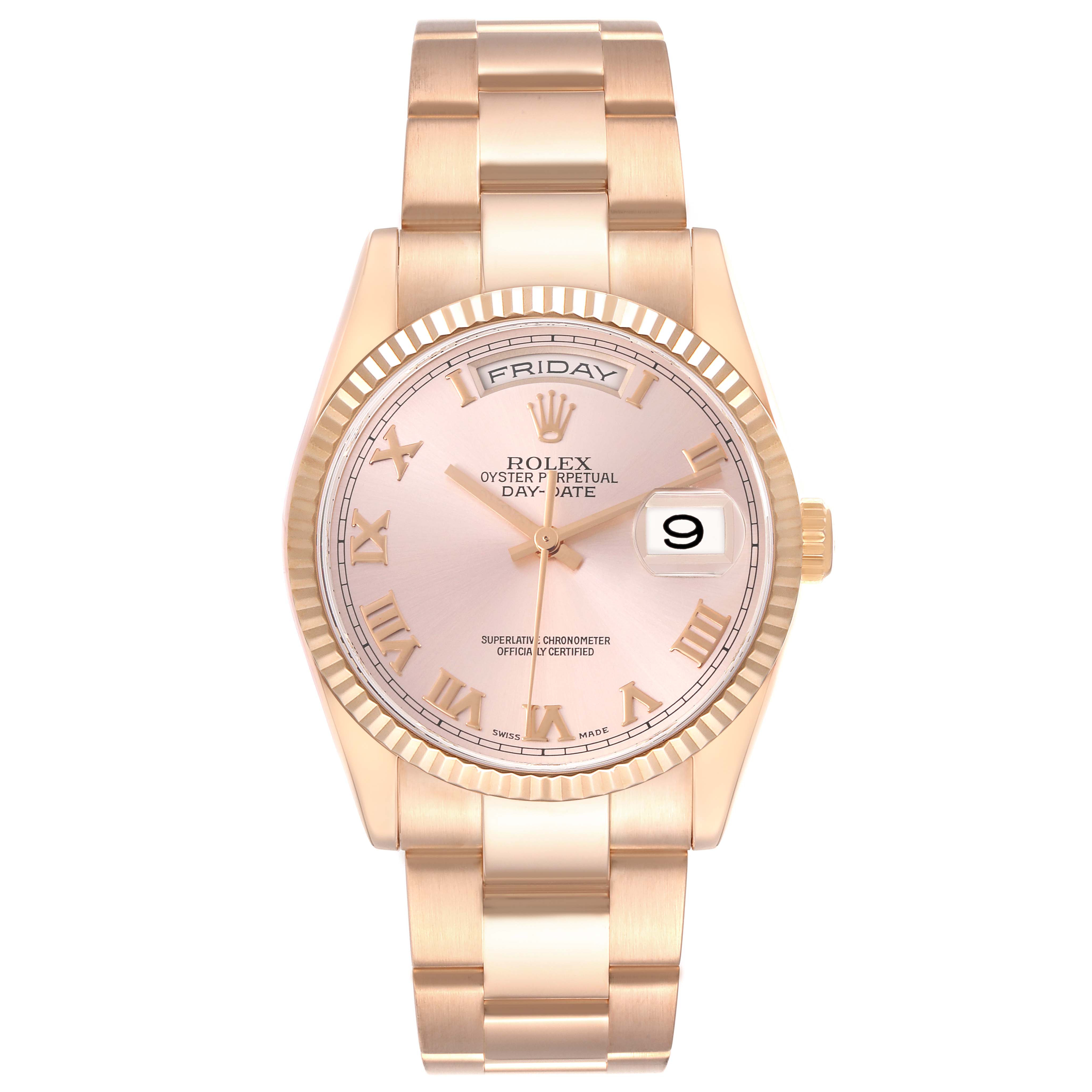 The Rolex President 118235 Men
s Rose Gold Pink Dial 118235 Men
s Rose Gold Pink Dial model is shown from the front, displaying the face, fluted bezel, bracelet, and crown.
