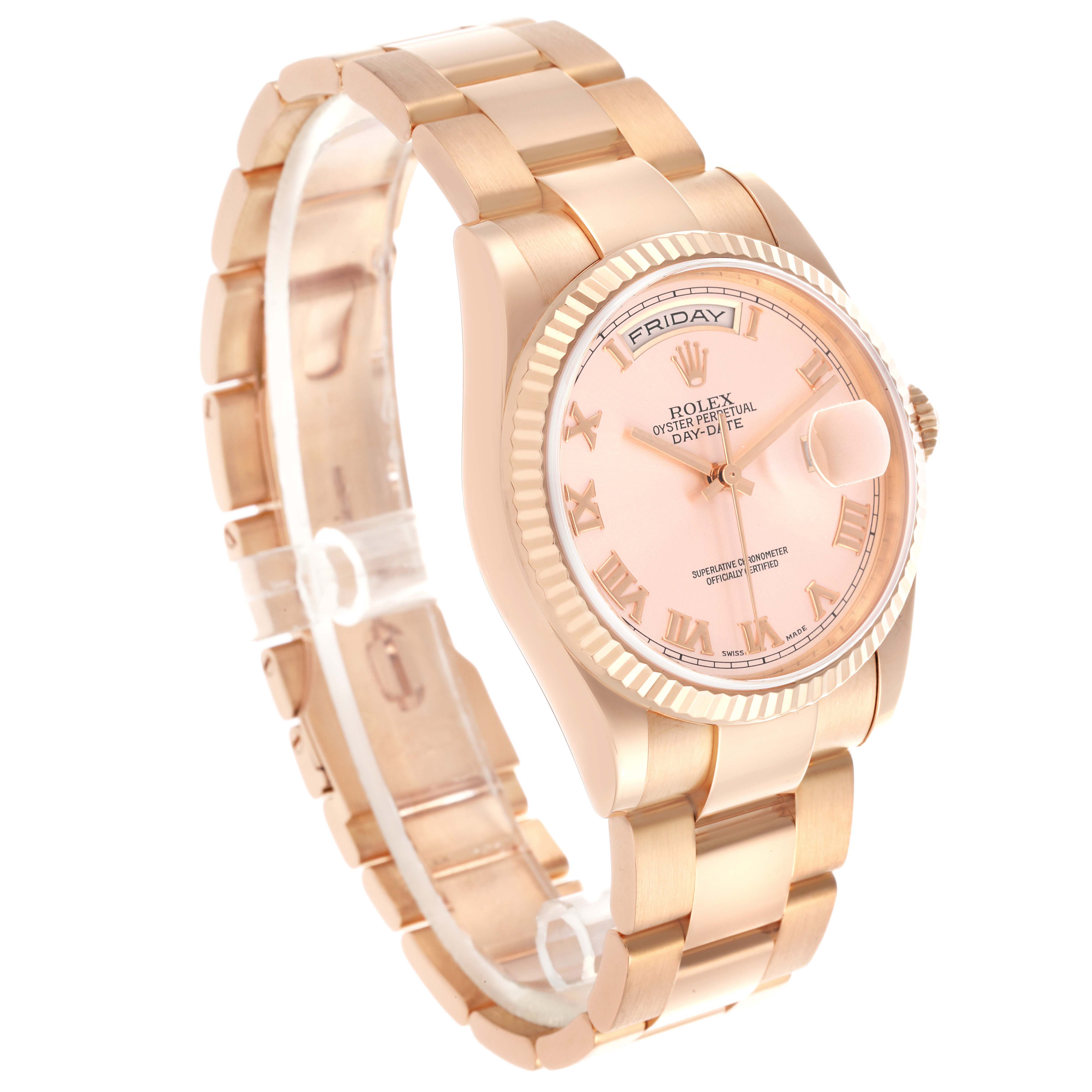 The Rolex President 118235 Men
s Rose Gold Pink Dial 118235 Men
s Rose Gold Pink Dial model is shown from a side angle, displaying the face, bracelet, and fluted bezel.