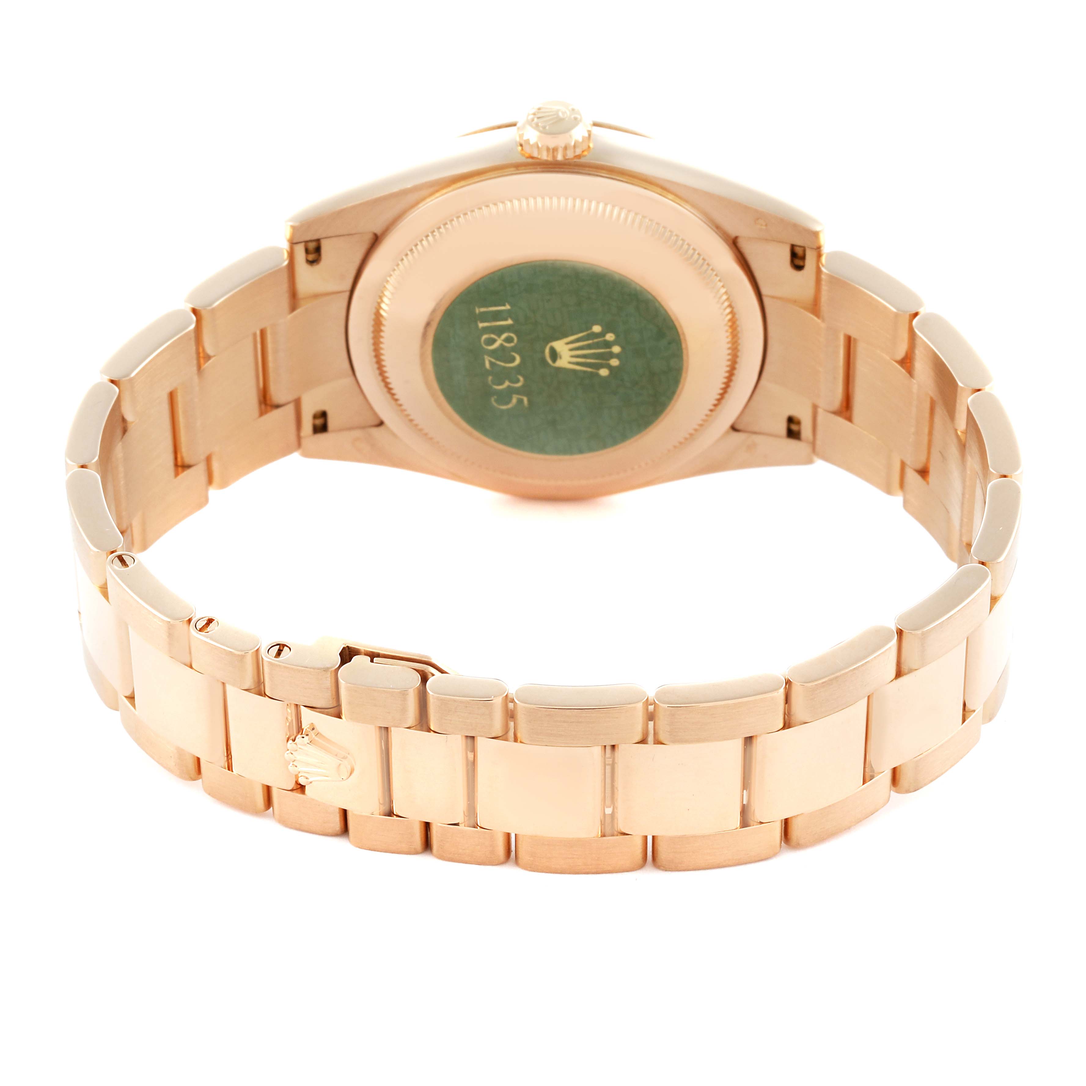 The image shows the back and bracelet of a Rolex President 118235 Men
s Rose Gold Pink Dial 118235 Men
s Rose Gold Pink Dial model watch from a rear angle.